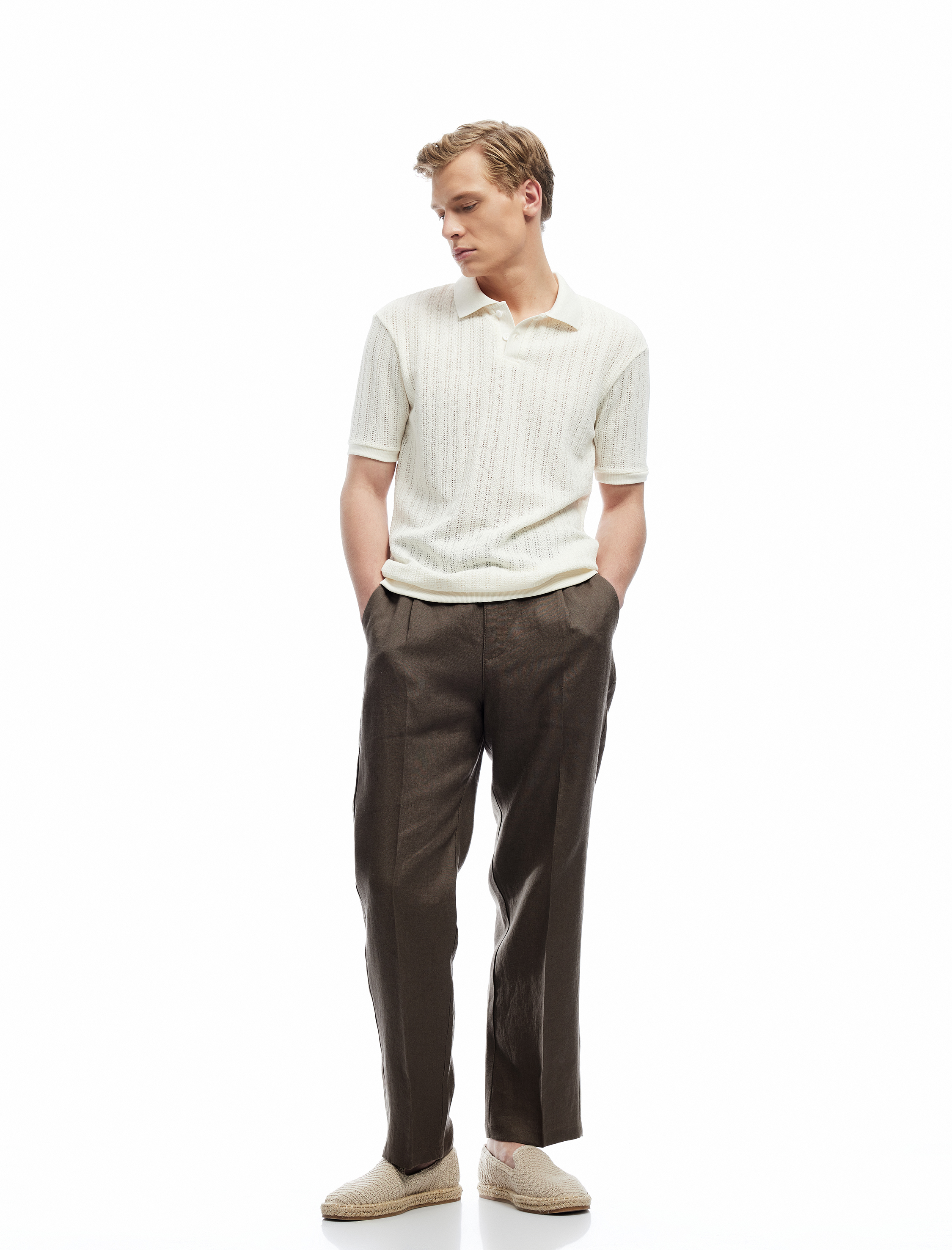 Normal Bel Bol Kalıp Pileli Keten Chino Pantolon