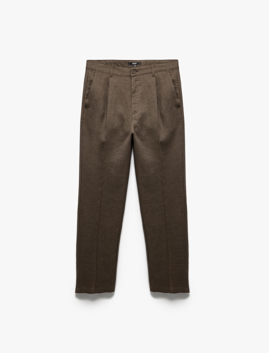   Normal Bel Bol Kalıp Pileli Keten Chino Yazlık Pantolon