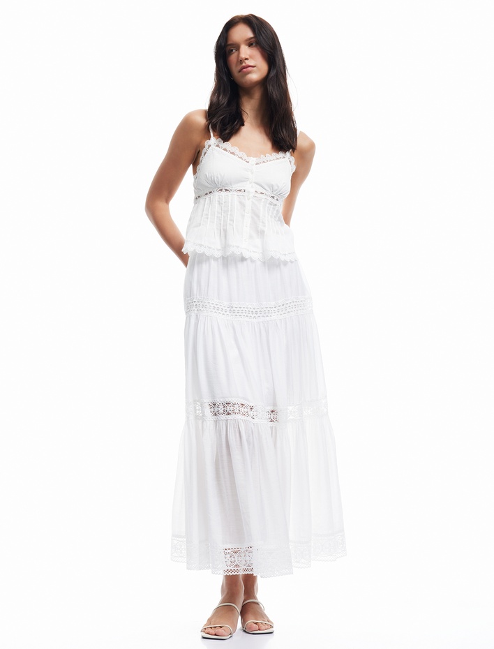  Astarlı Viskon Kumaş Karışımlı Dantel Detaylı Katmanlı Uzun Etek