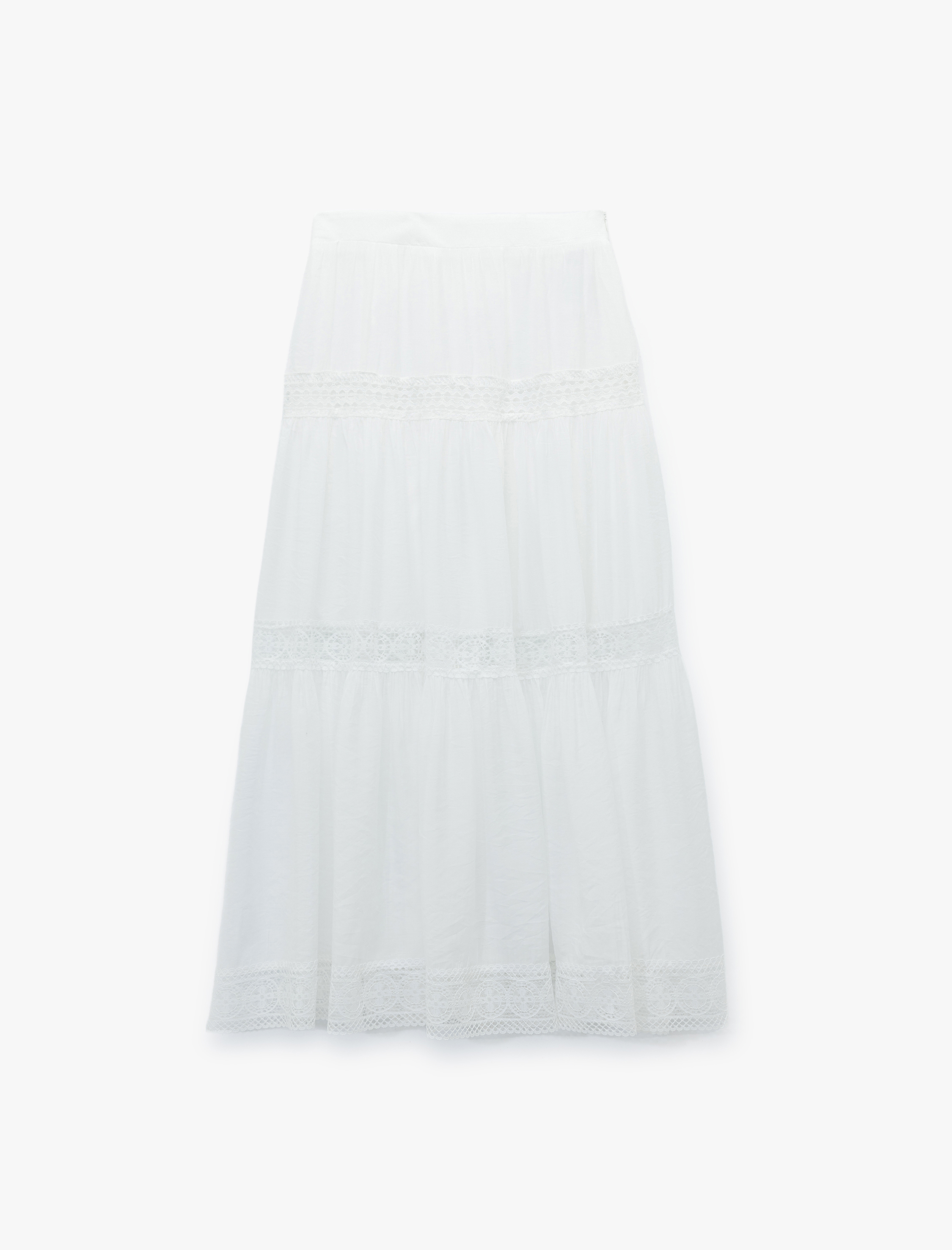   Astarlı Viskon Kumaş Karışımlı Dantel Detaylı Katmanlı Uzun Etek