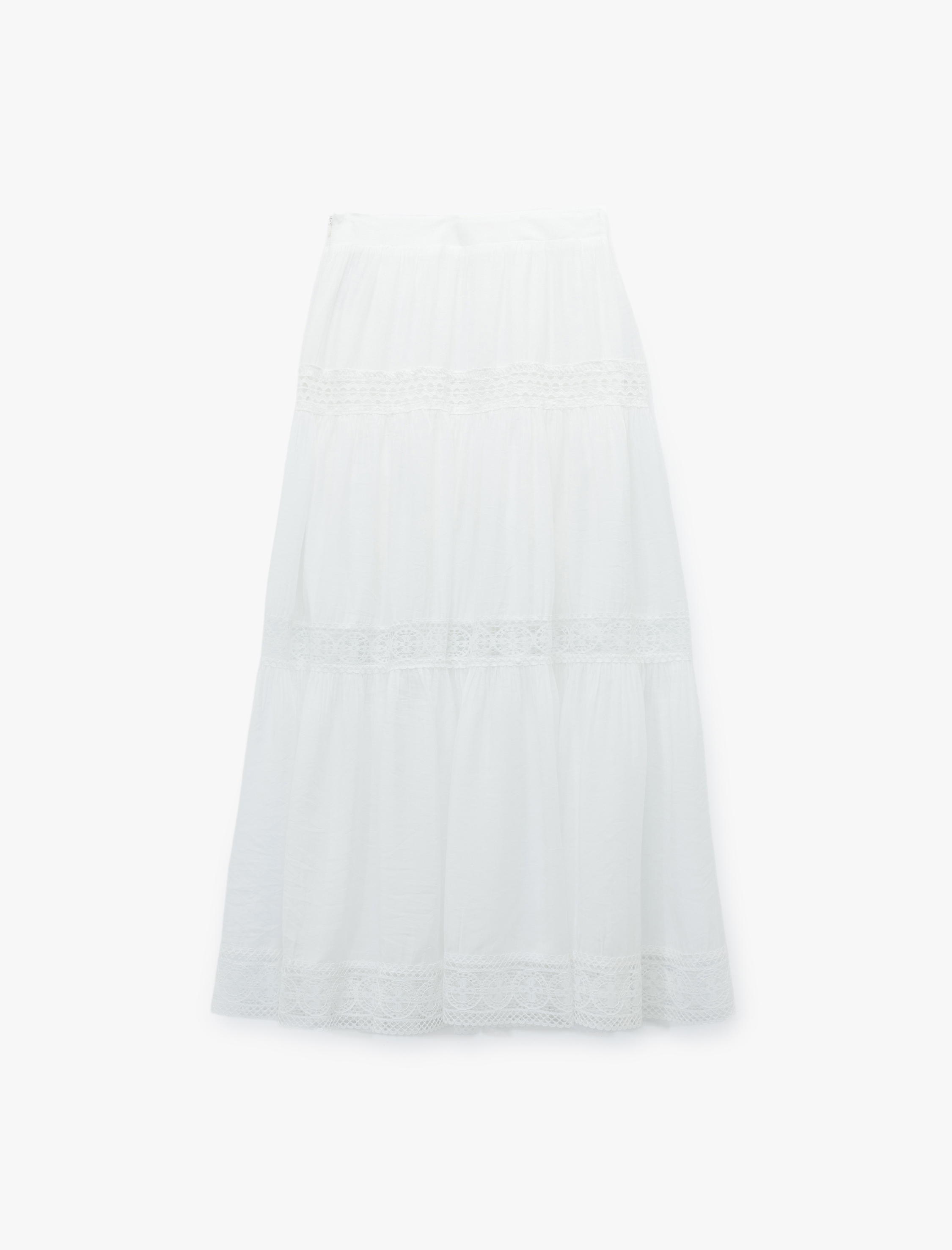   Astarlı Viskon Kumaş Karışımlı Dantel Detaylı Katmanlı Uzun Etek