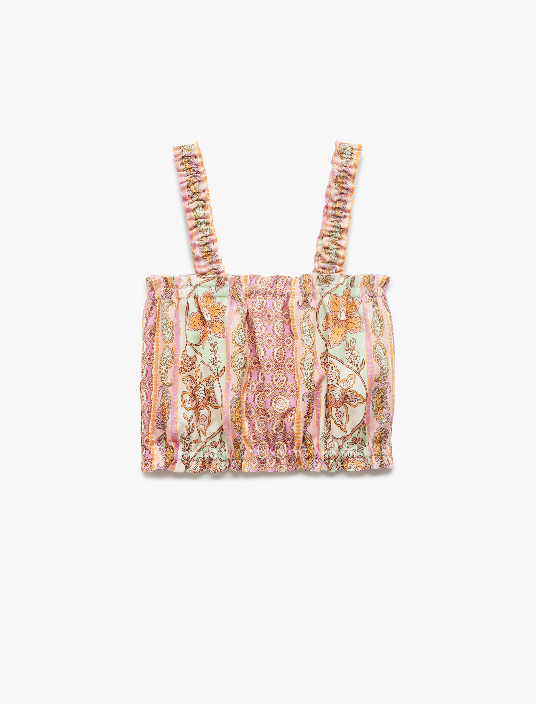  Kız Çocuk Pamuklu Kare Yaka Kolsuz Büzgülü Crop Bluz