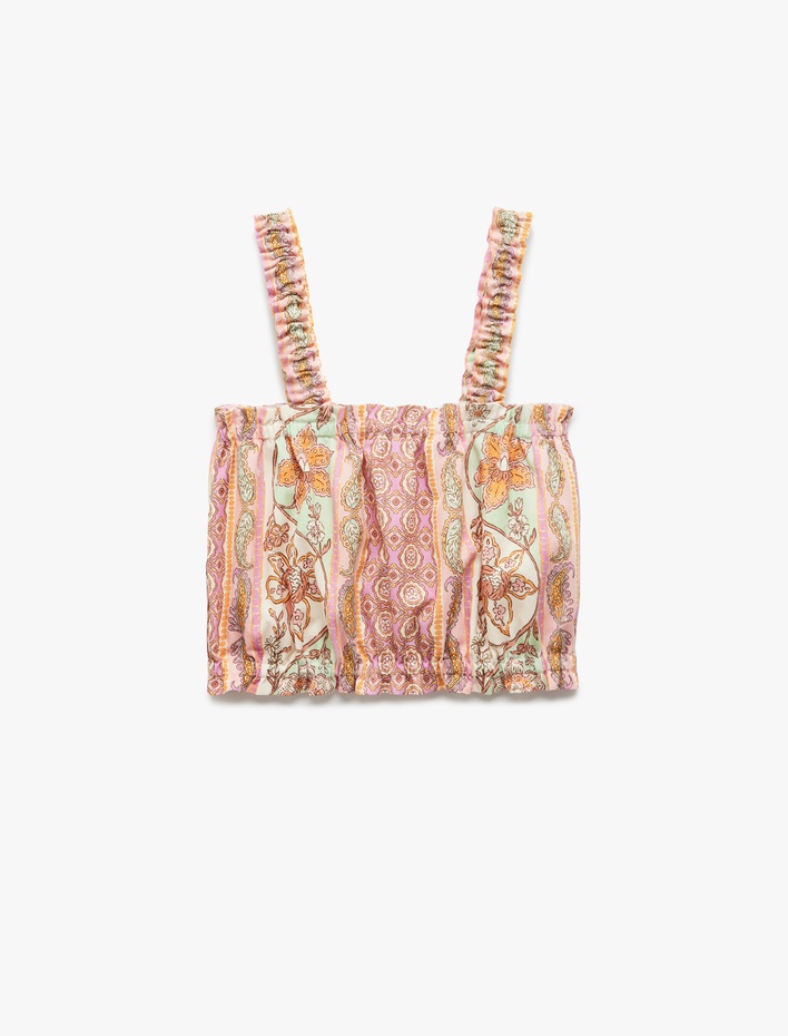 Kız Çocuk Pamuklu Kare Yaka Kolsuz Büzgülü Crop Bluz