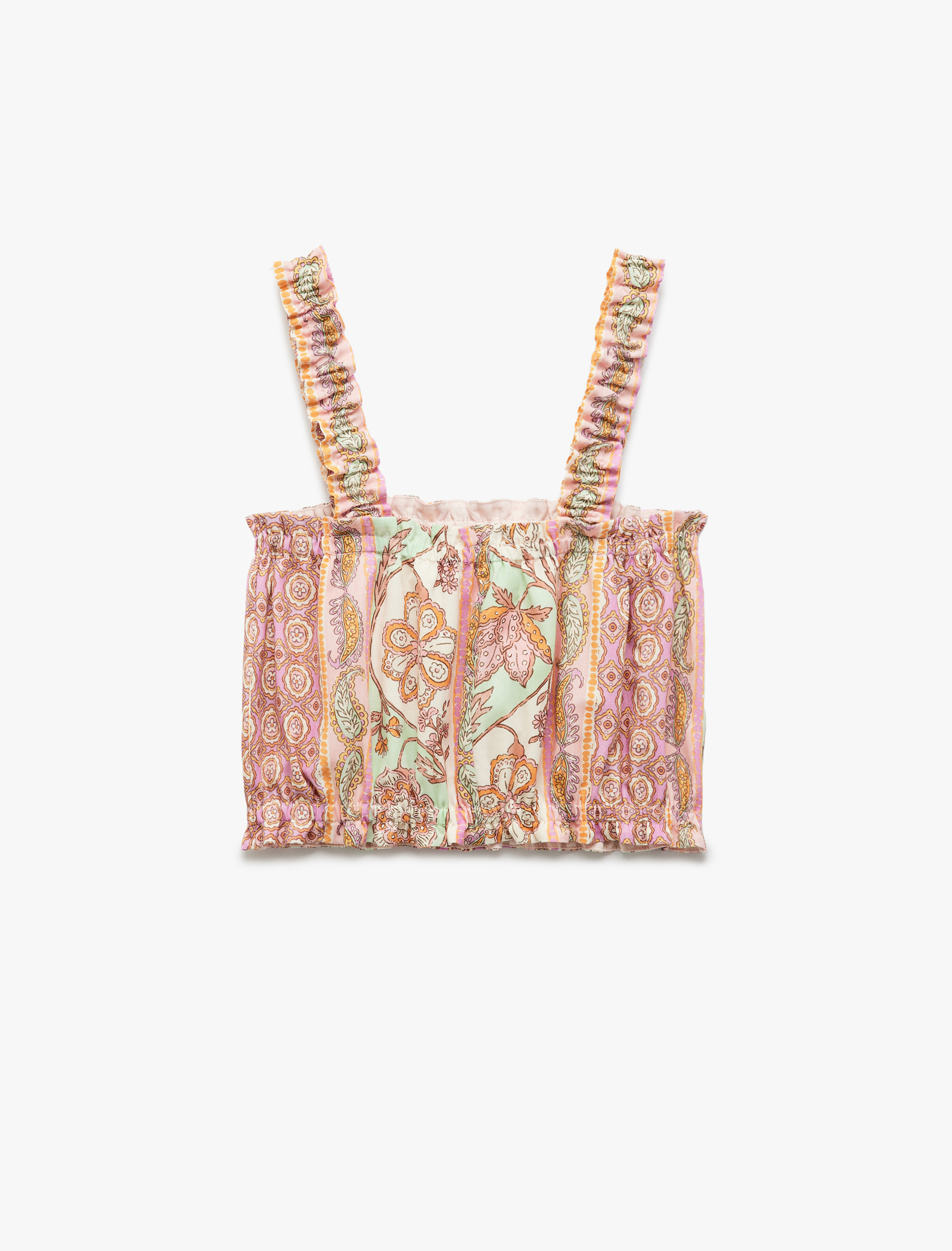  Kız Çocuk Pamuklu Kare Yaka Kolsuz Büzgülü Crop Bluz