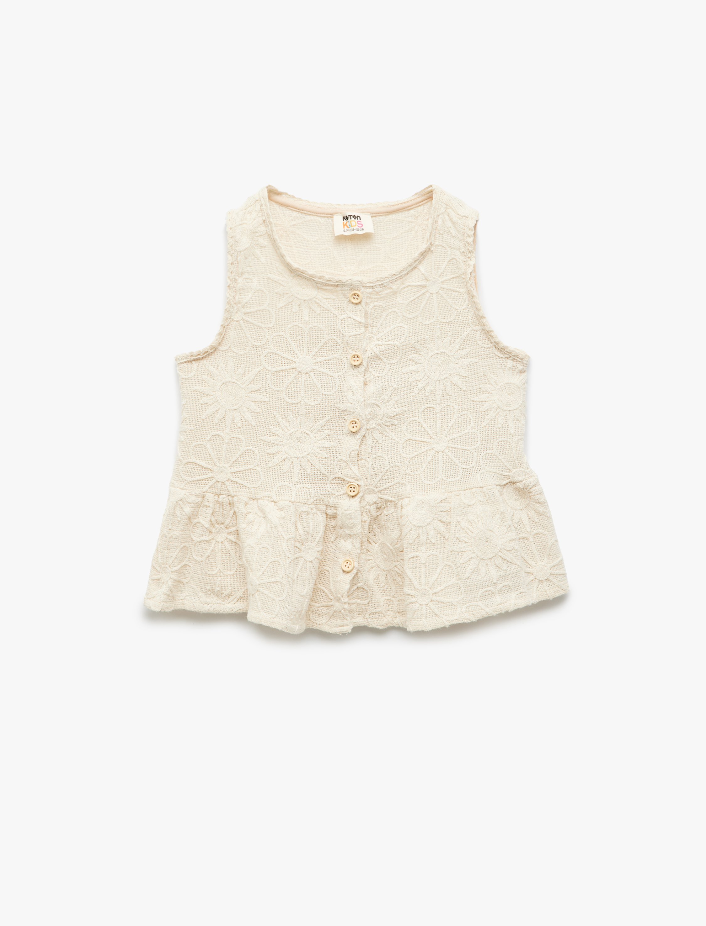  Kız Çocuk Dantel Detaylı Bisiklet Yaka Kolsuz Düğmeli Pamuklu Bluz