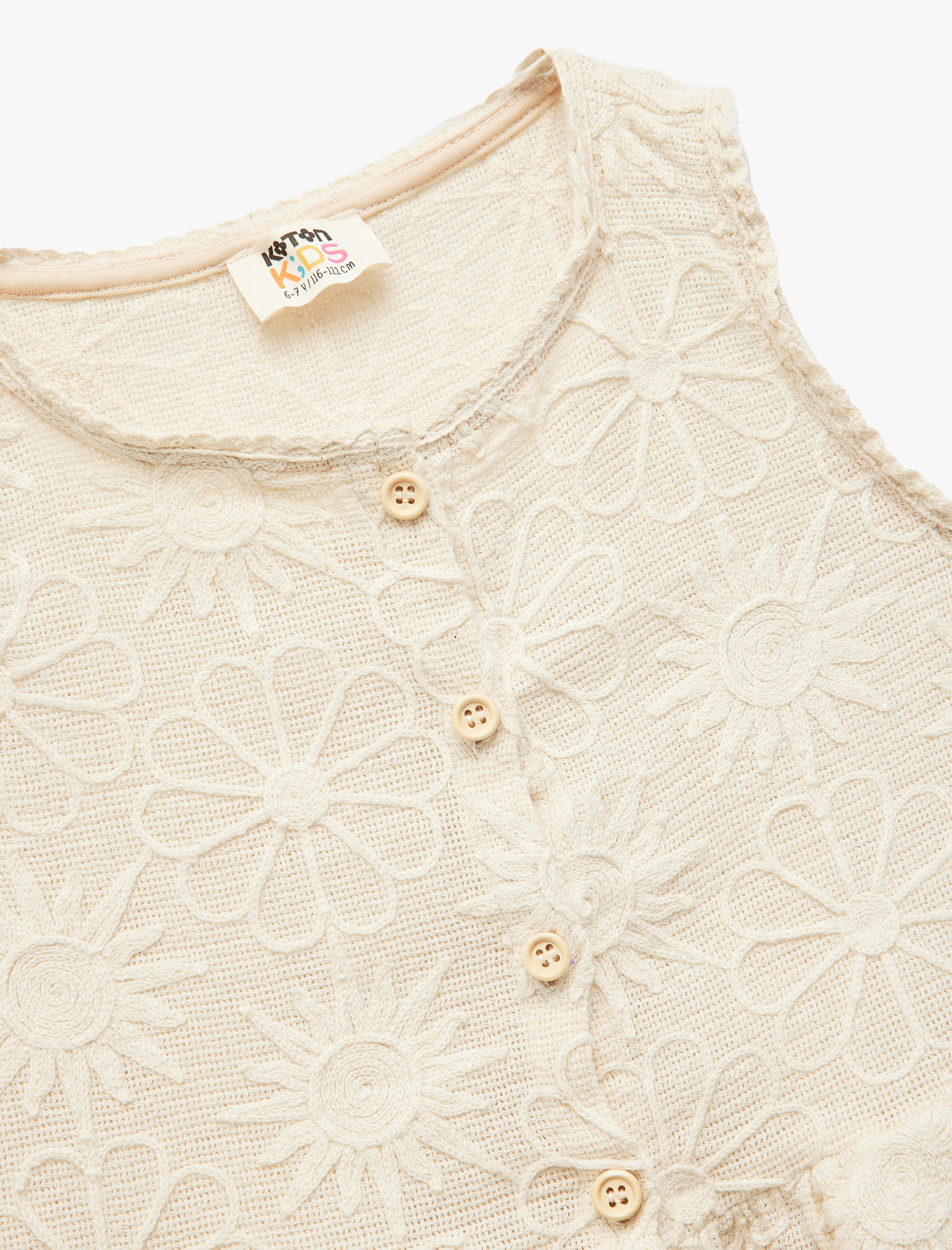  Kız Çocuk Dantel Detaylı Bisiklet Yaka Kolsuz Düğmeli Pamuklu Bluz