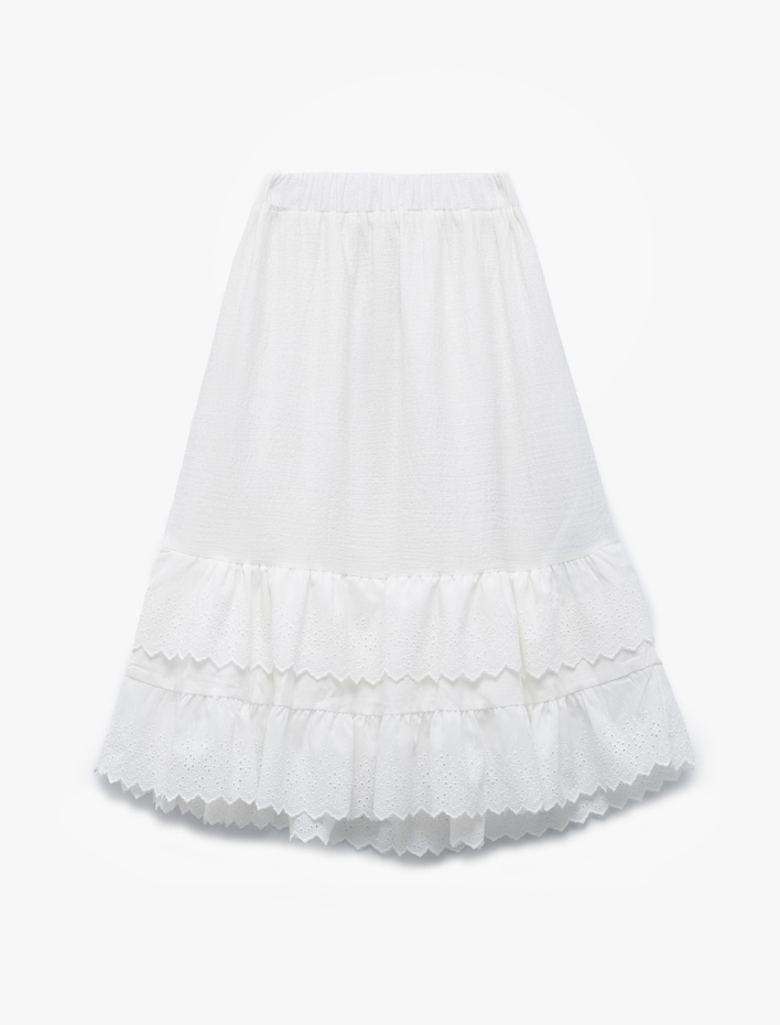 Kız Çocuk Pamuklu Kat Detaylı Fırfırlı Brodeli Midi Etek