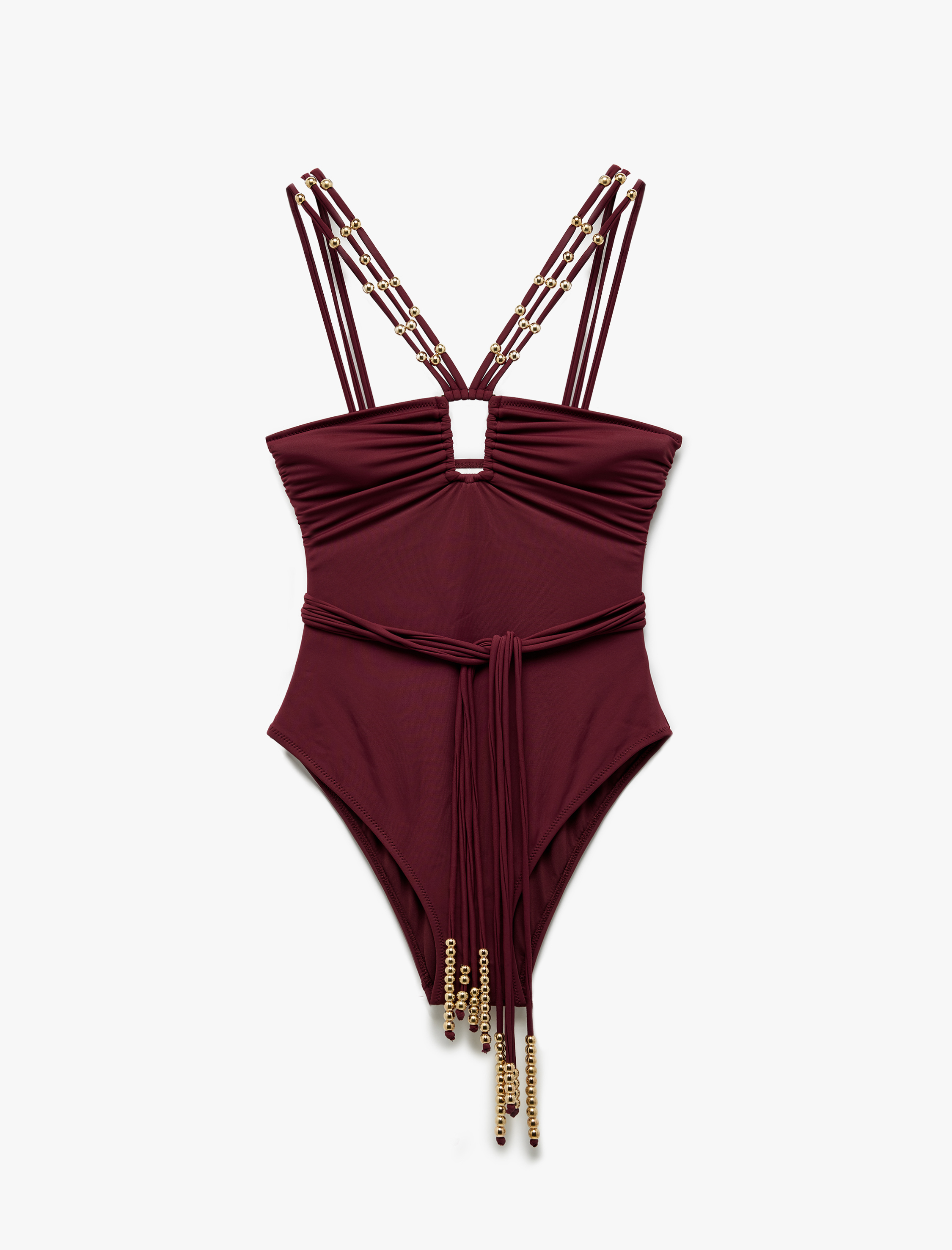   Aksesuarlı Kemerli Püsküllü Asimetrik İnce Askılı Mayo