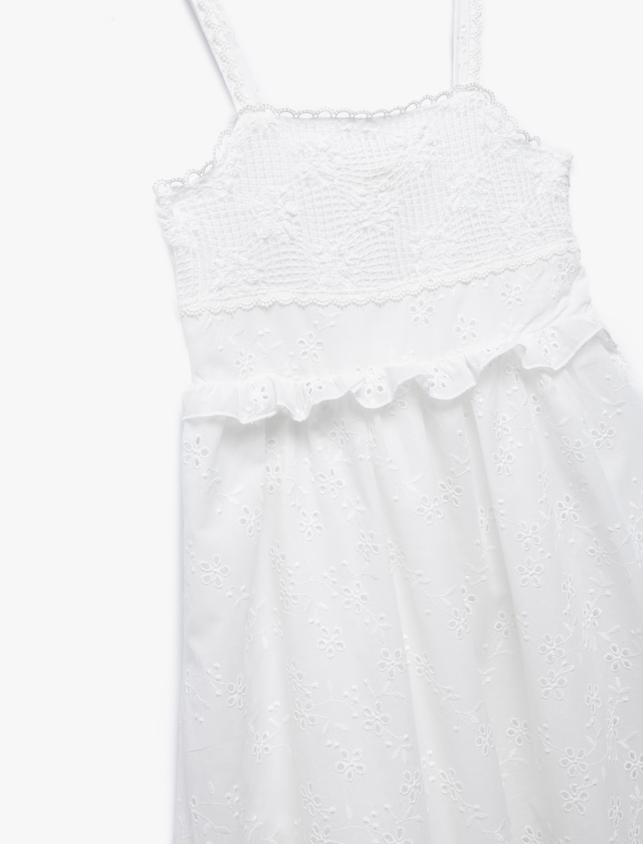  Kız Çocuk Pamuklu Kare Yaka Dantel Detaylı Brode Askılı Elbise