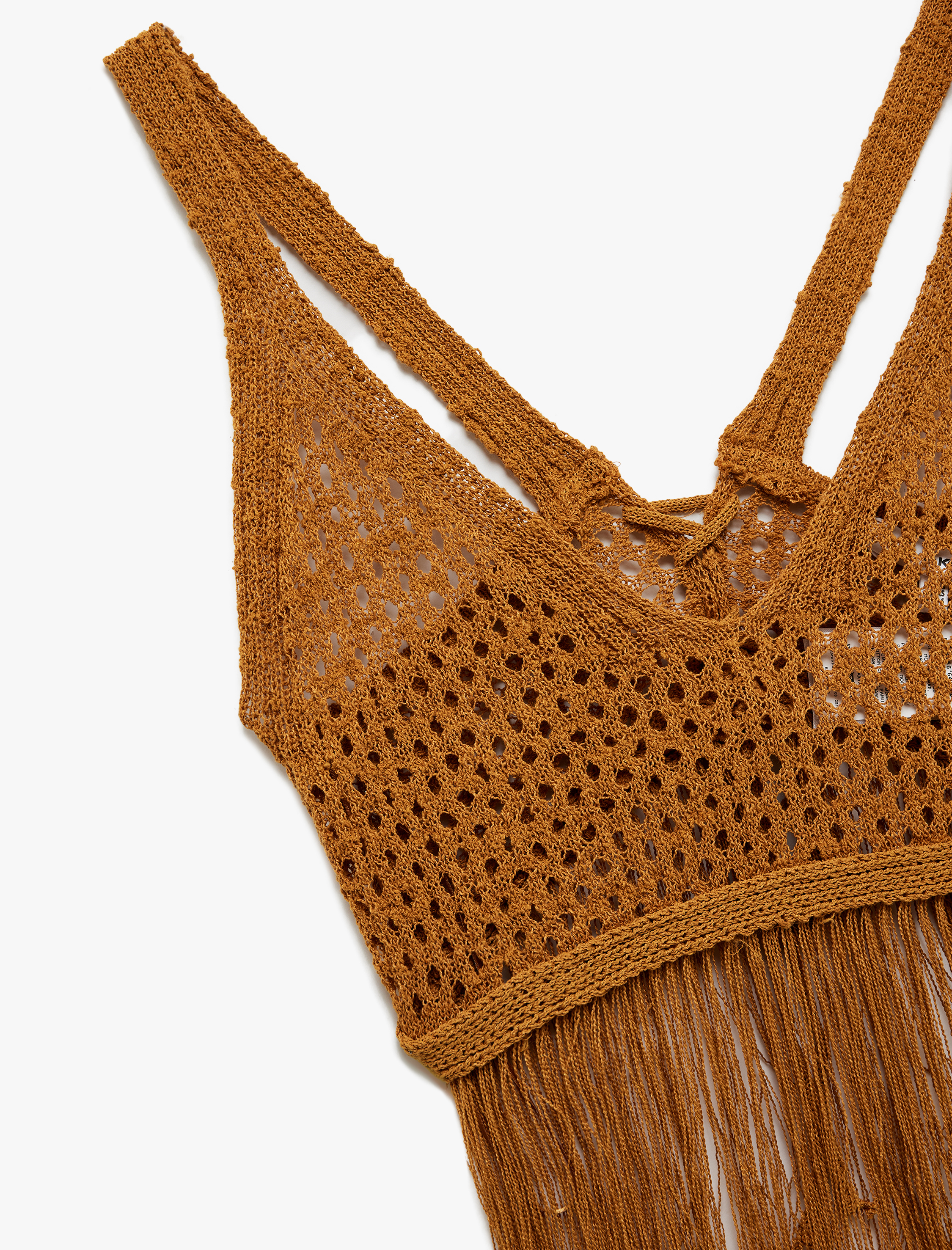   Püsküllü V Yaka Kolsuz Sırt Detaylı Slim Fit Kroşe Crop Bluz