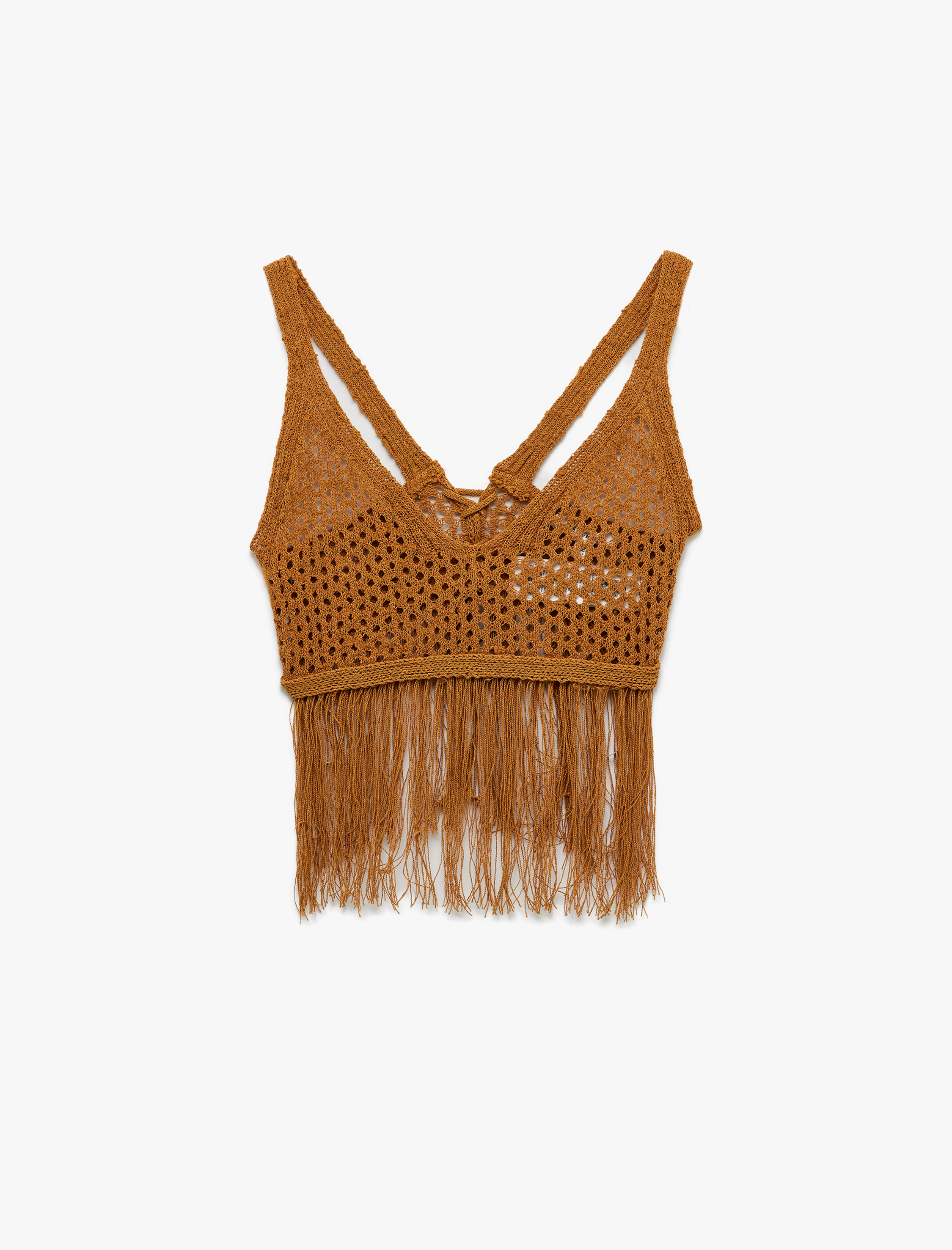   Püsküllü V Yaka Kolsuz Sırt Detaylı Slim Fit Kroşe Crop Bluz