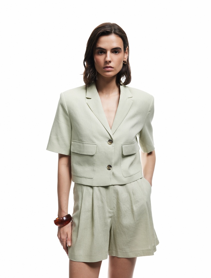  Cepli Düğmeli Kısa Kollu Astarlı Keten Crop Blazer Ceket