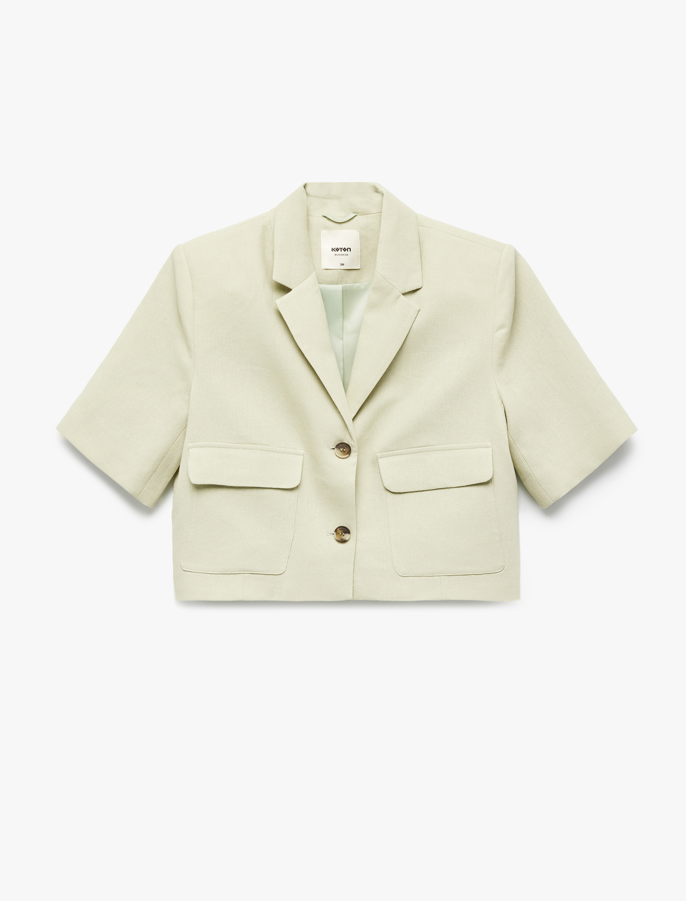  Cepli Düğmeli Kısa Kollu Astarlı Keten Crop Blazer Ceket