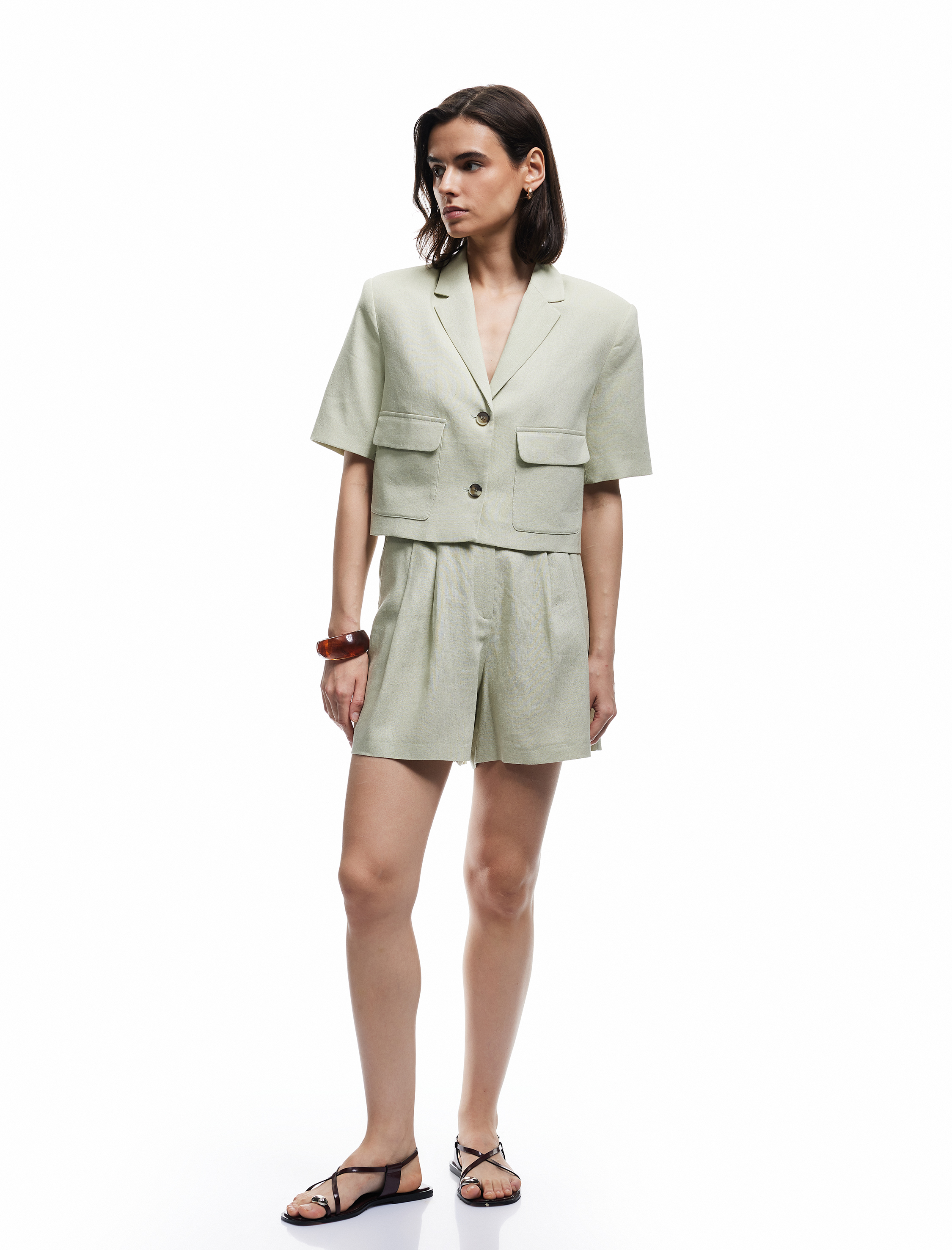   Cepli Düğmeli Kısa Kollu Astarlı Keten Crop Blazer Ceket