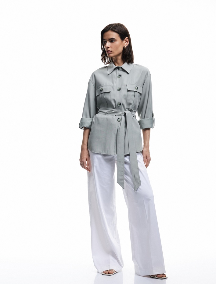  Viskon Kumaş Klasik Yaka Uzun Kollu Kemerli Gömlek Ceket