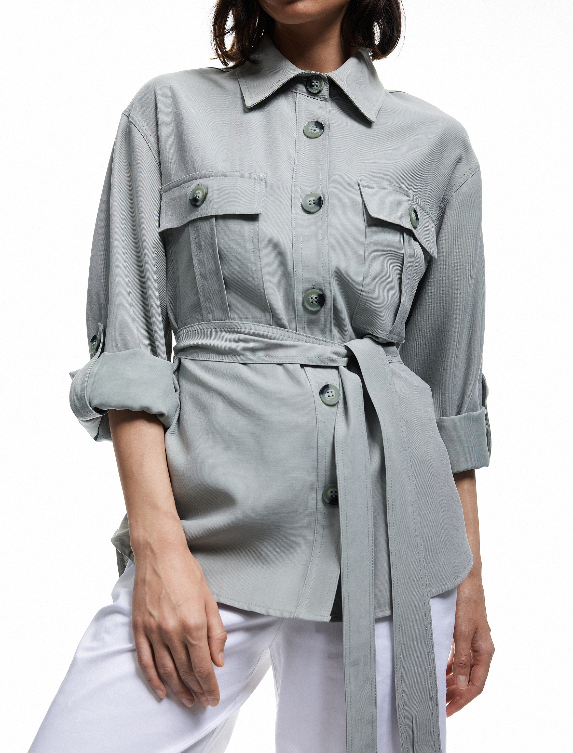   Viskon Kumaş Klasik Yaka Uzun Kollu Kemerli Gömlek Ceket