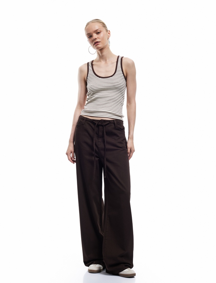  Beli Bağcıklı Pamuklu Düz Paça Cepli Pantolon - Loose Straight Fit Jeans