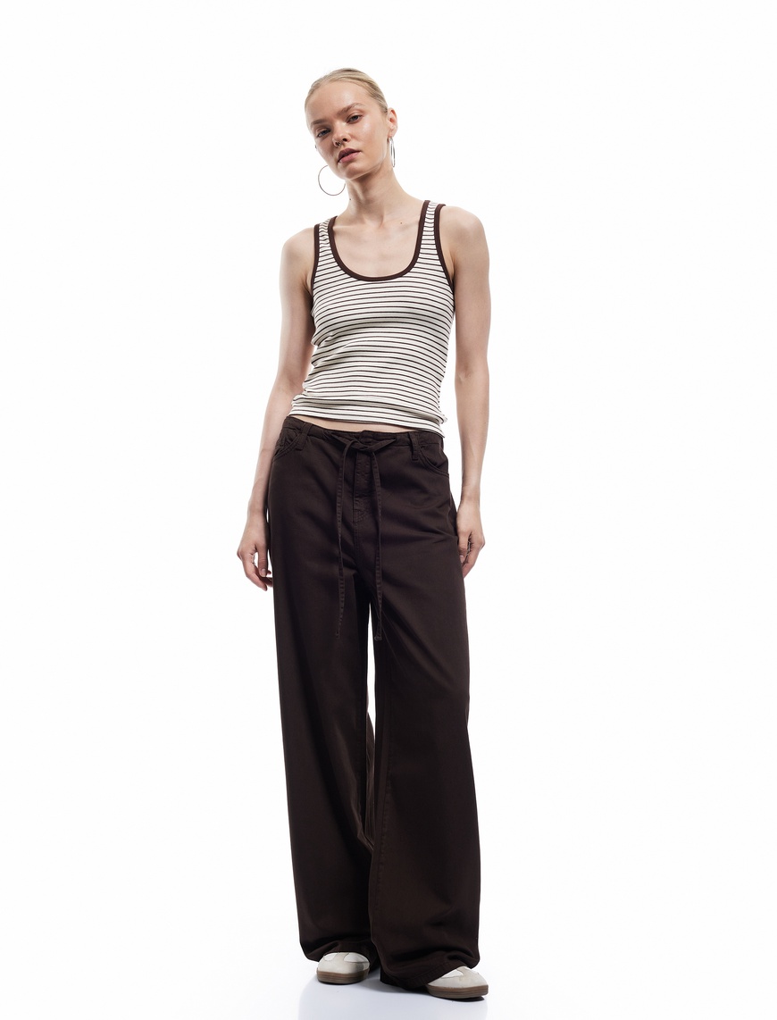   Beli Bağcıklı Pamuklu Düz Paça Cepli Pantolon - Loose Straight Fit Jeans