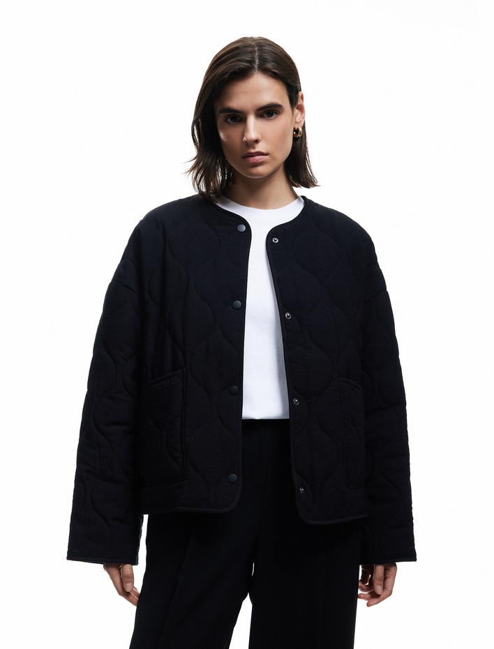  Çıt Çıt Düğme Kapamalı Cepli Uzun Kollu Bisiklet Yaka Kapitone Mevsimlik Ceket