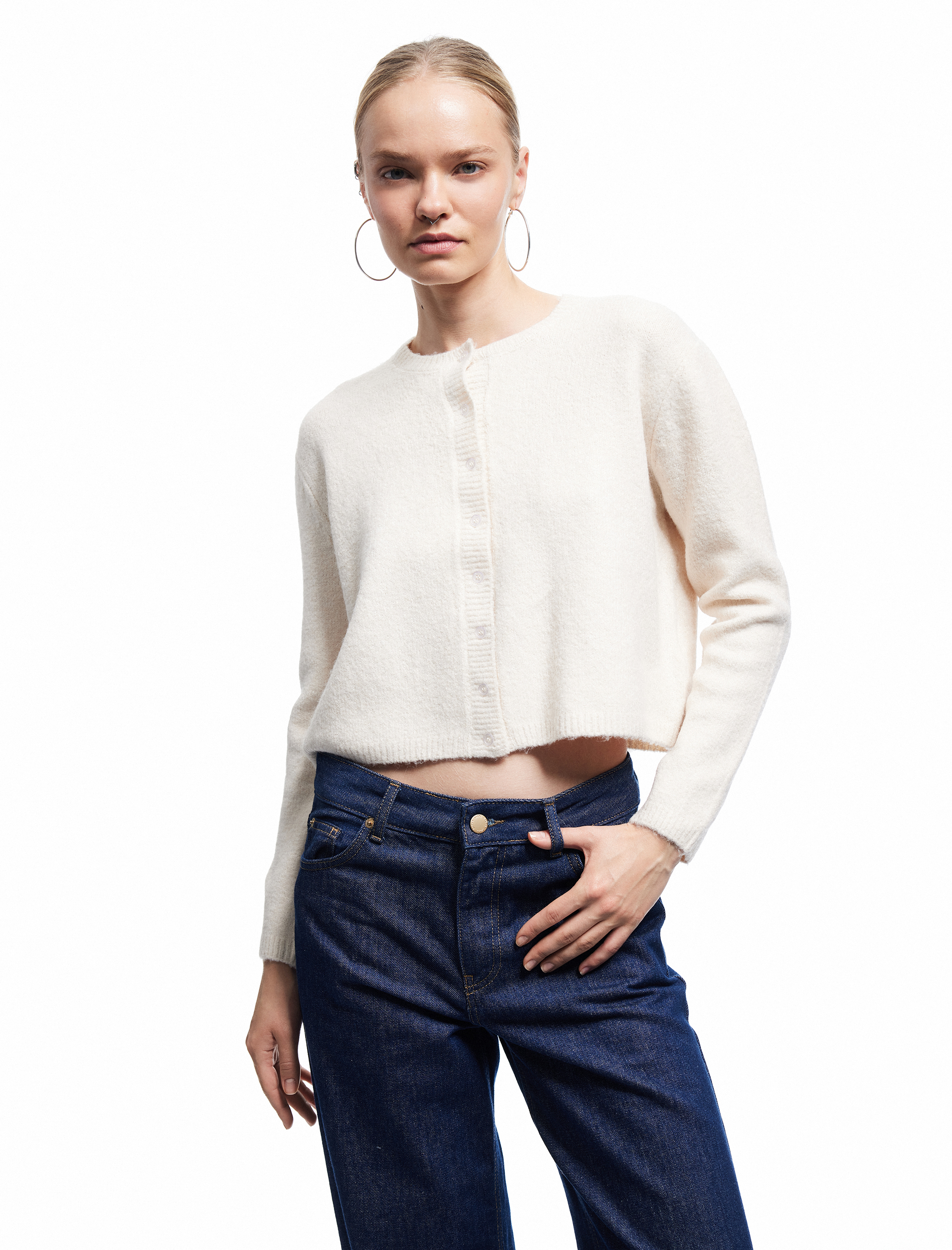   Uzun Kollu Bisiklet Yaka Düğmeli Triko Hırka