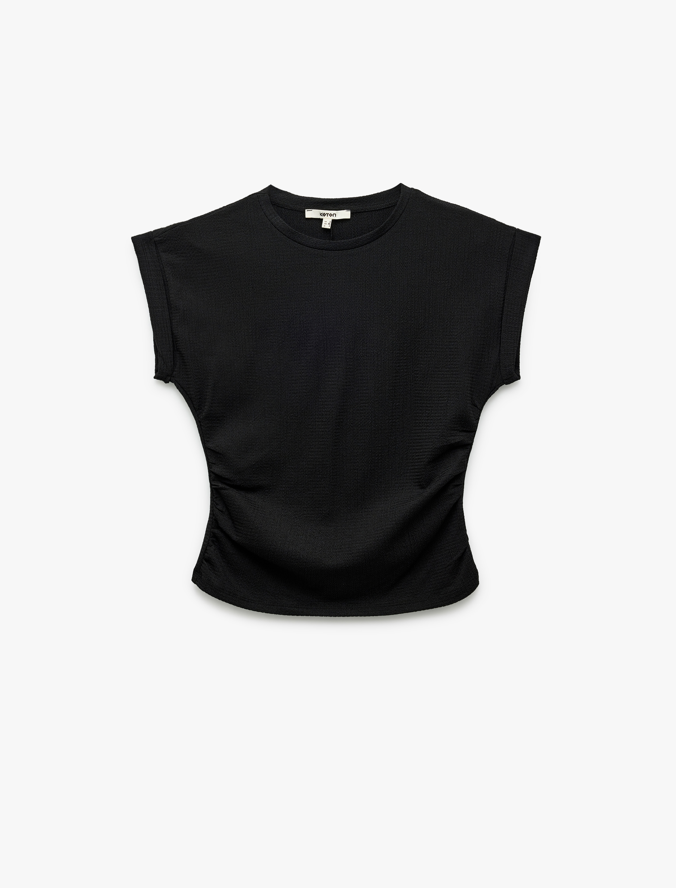 Bürümcük Kumaş Drape Detaylı Kap Kol Bisiklet Yaka Tişört