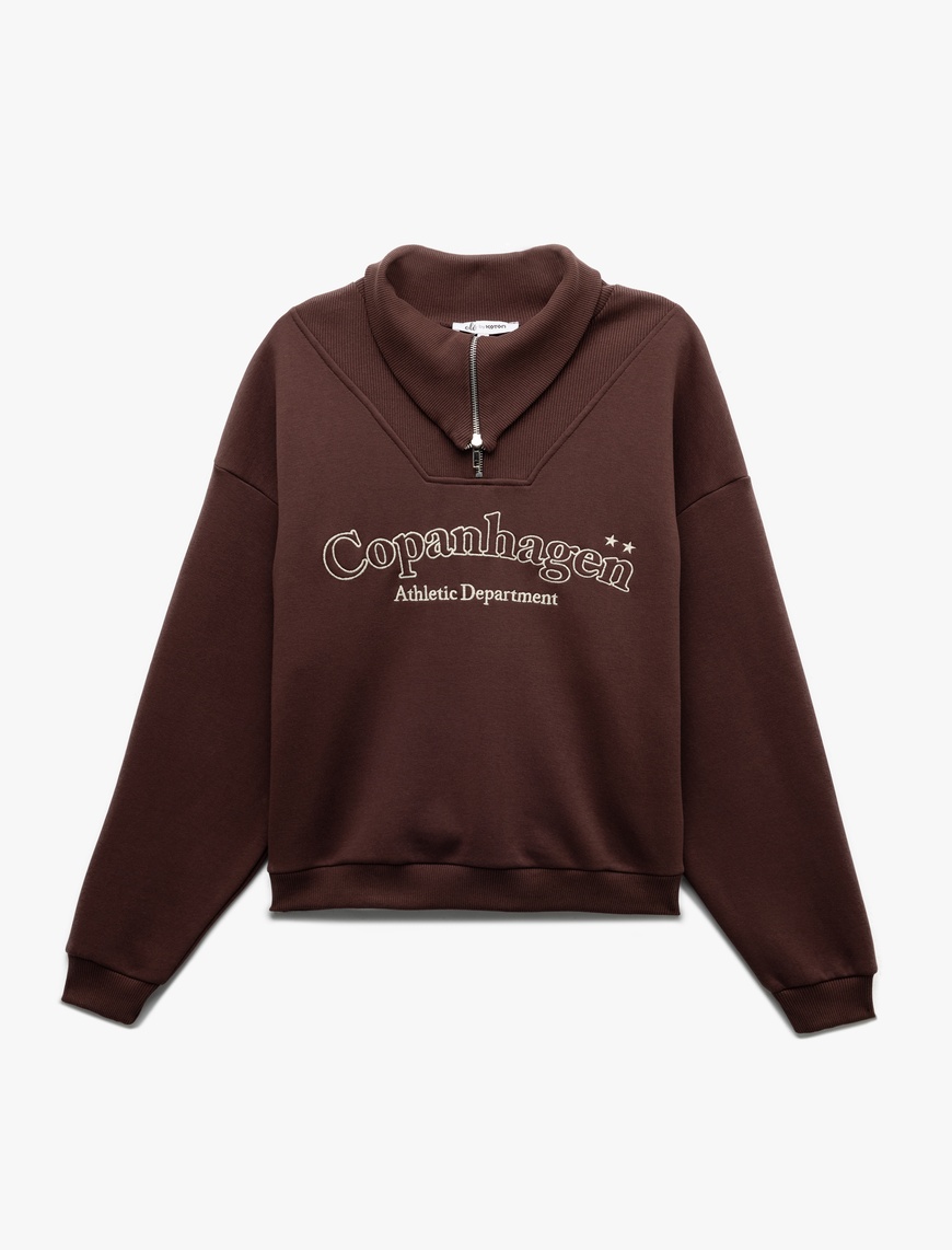   Şardonlu Uzun Kollu Yarım Fermuarlı Yaka Baskılı Oversize Sweatshirt