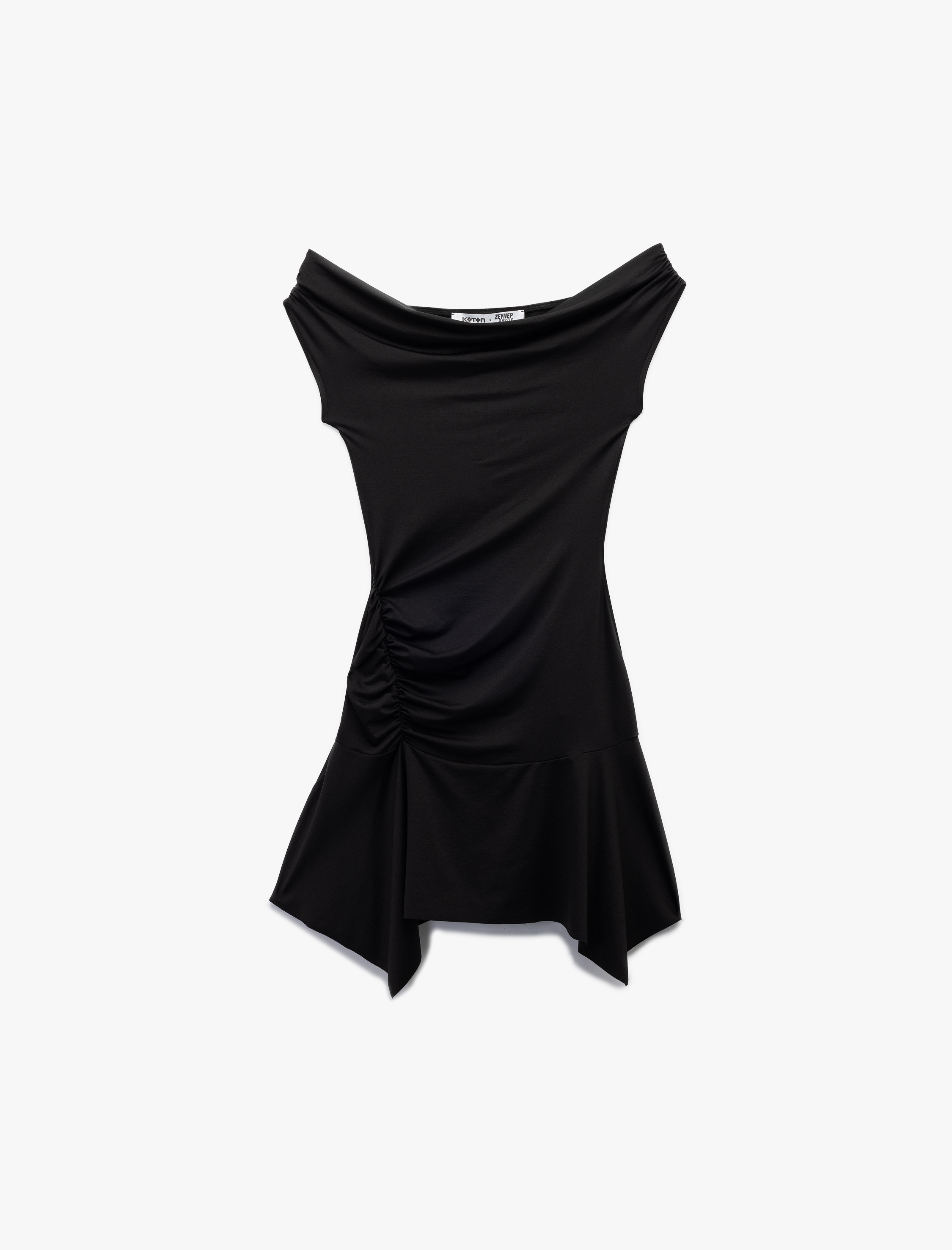   Koton X Zeynep Bastık - Drape Detaylı Asimetrik Kesim Fırfırlı Omuzu Açık Mini Elbise