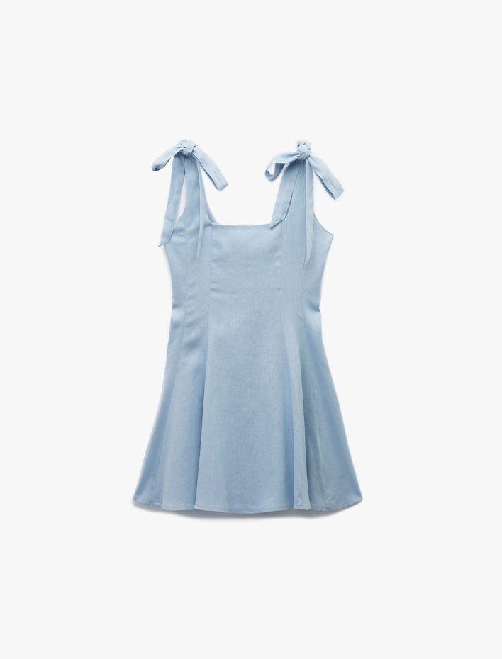  Bağlama Detaylı Kolsuz U Yaka Mini Keten Karışımlı Elbise