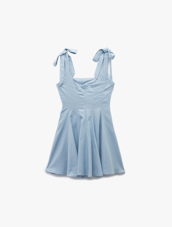  Bağlama Detaylı Kolsuz U Yaka Mini Keten Karışımlı Elbise