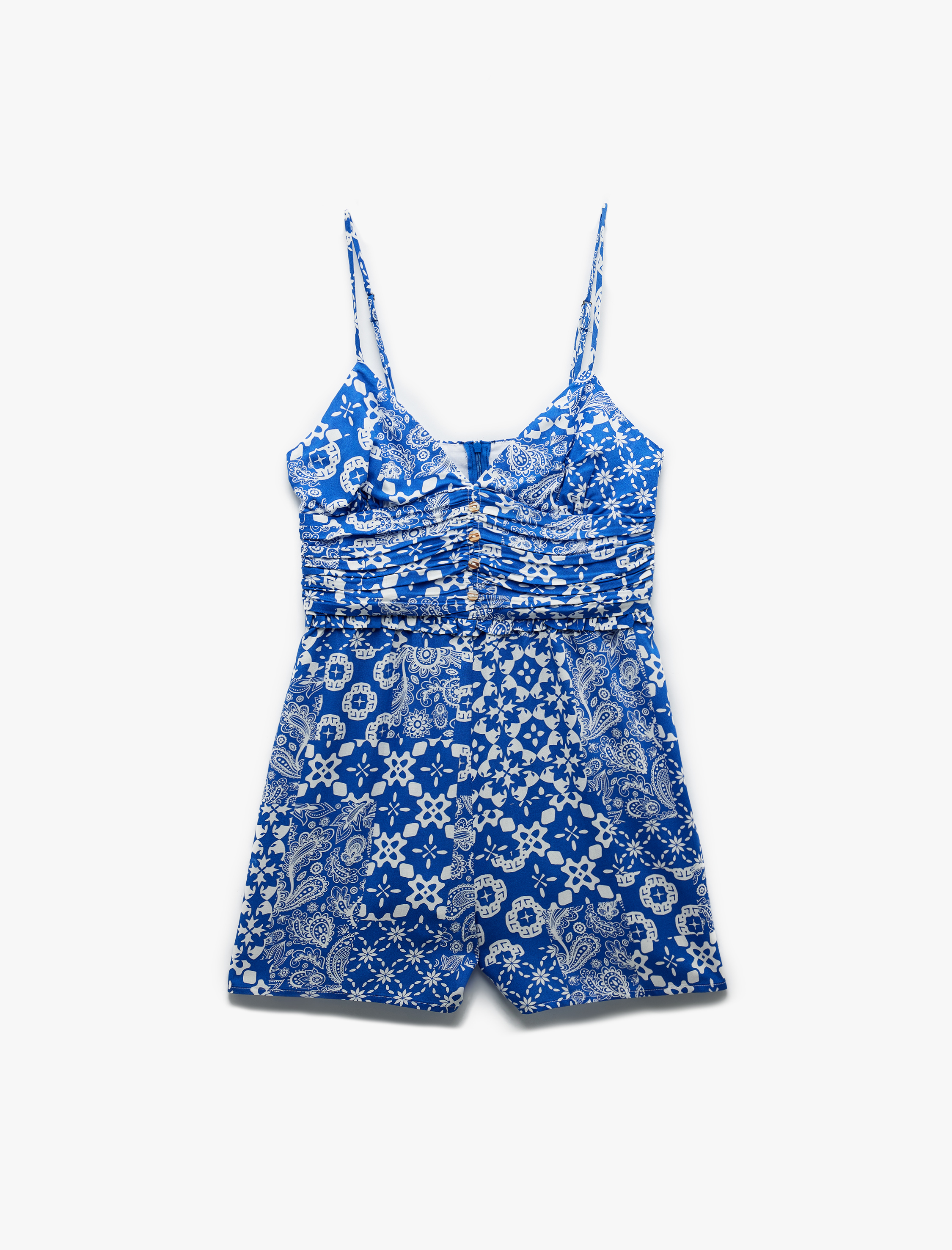   V Yaka İp Askılı Düğmeli Viskon Mini Şortlu Tulum