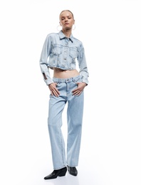 Taş Detaylı Düz Paça Cepli Düğmeli Straight Jean Pantolon - Straight Jeans