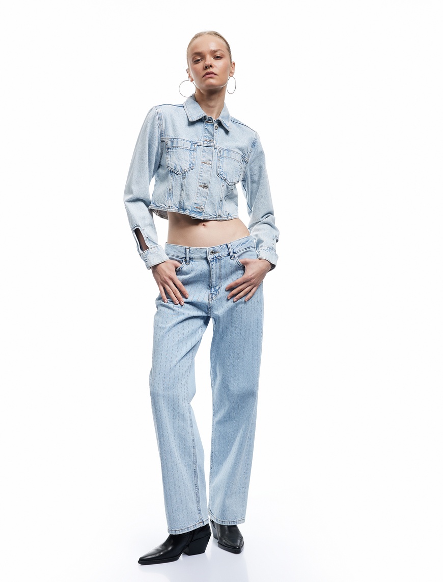   Taş Detaylı Düz Paça Cepli Düğmeli Straight Jean Pantolon - Straight Jeans