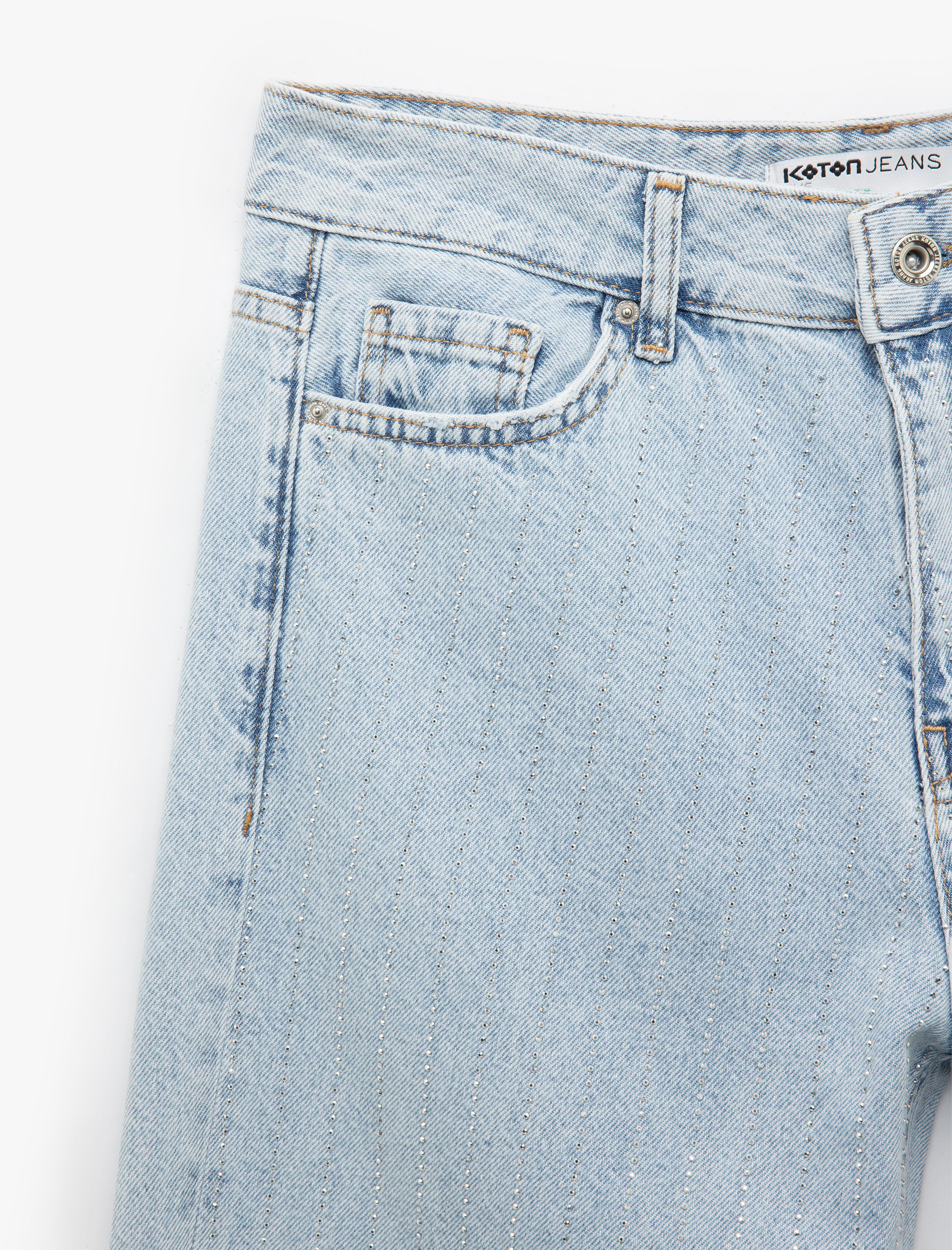   Taş Detaylı Düz Paça Cepli Düğmeli Straight Jean Pantolon - Straight Jeans