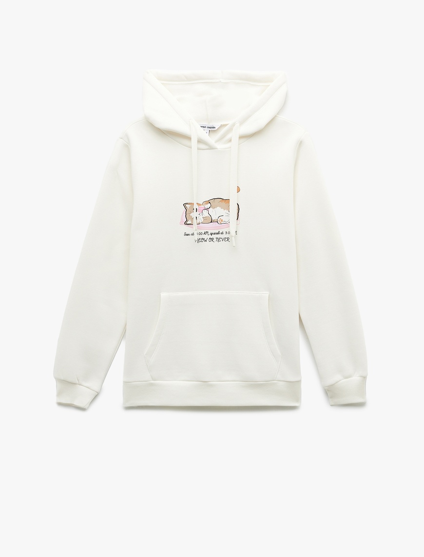   Üç İplik Şardonlu Kanguru Cep Detaylı Kedi Baskılı Kapüşonlu Sweatshirt