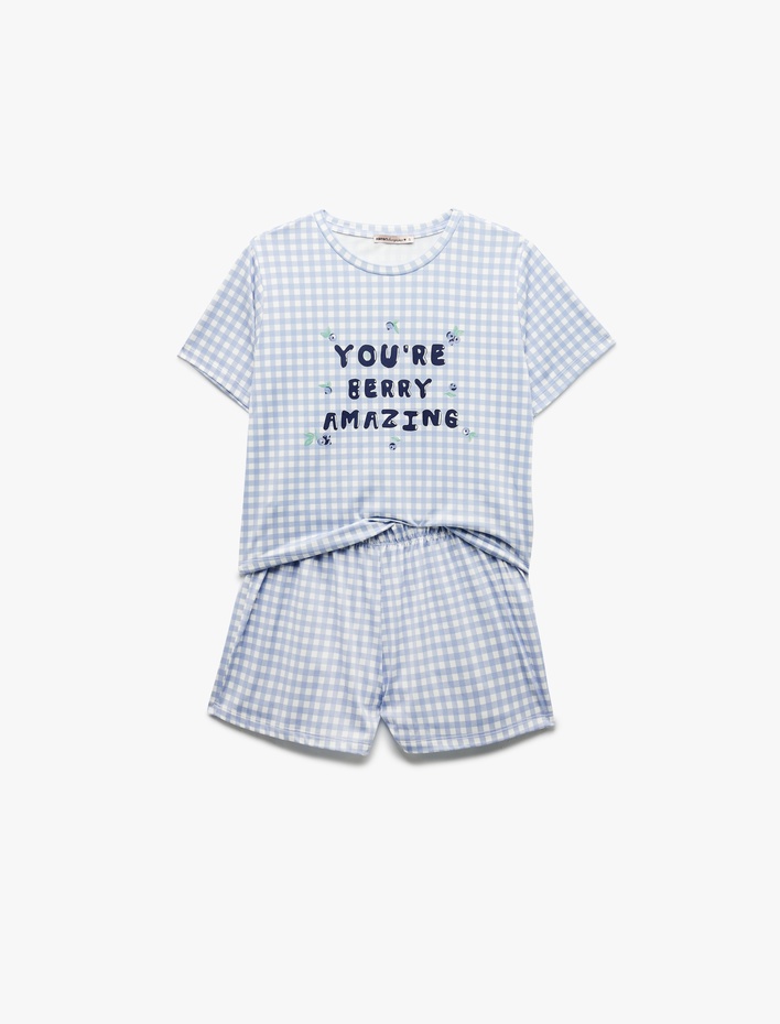  Baskılı Pötikare Desenli Kısa Kollu Bisiklet Yaka Şortlu Pijama Takımı