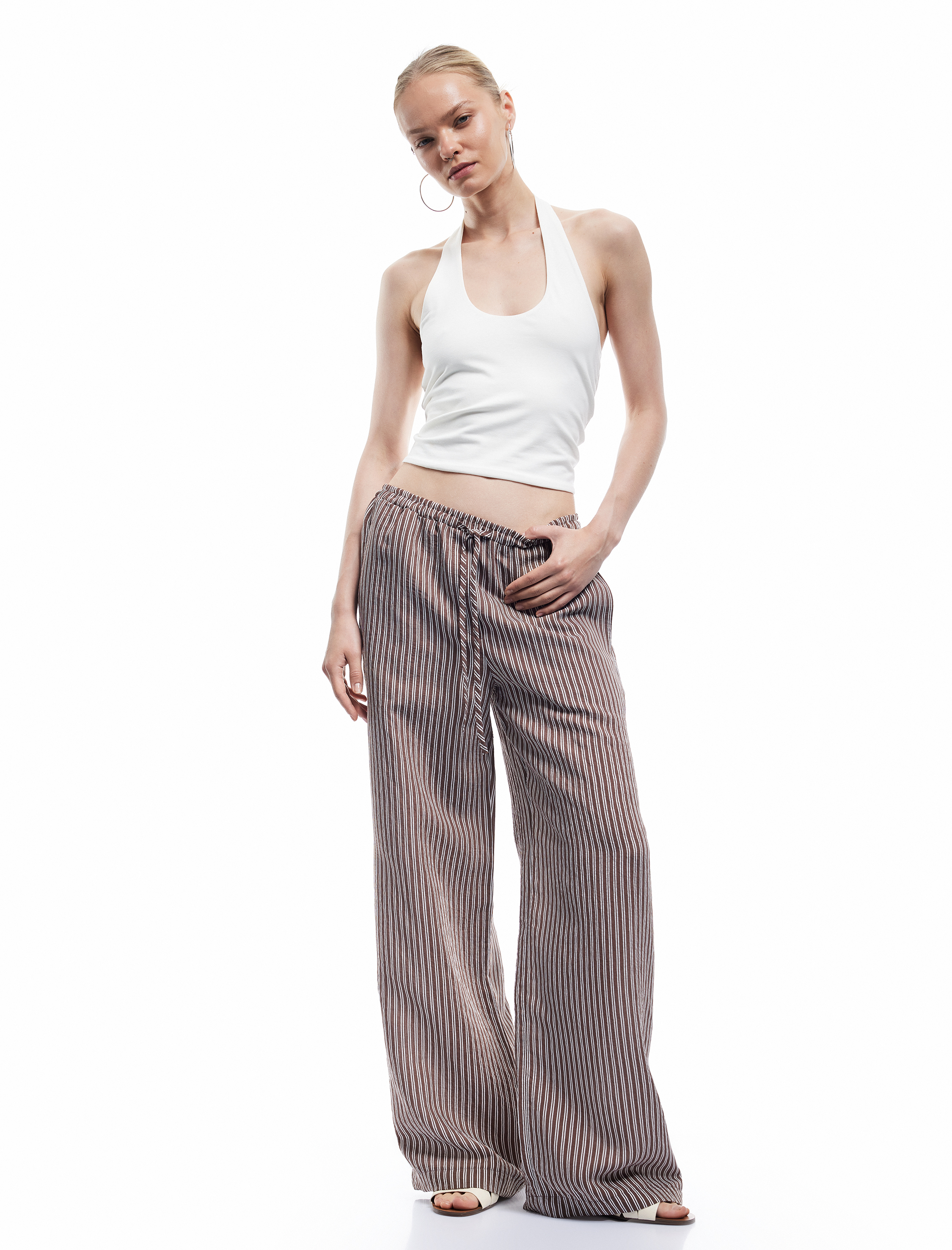   Beli Bağcıklı Rahat Kalıp Cepli Modal Karışımlı Çizgili Pantolon