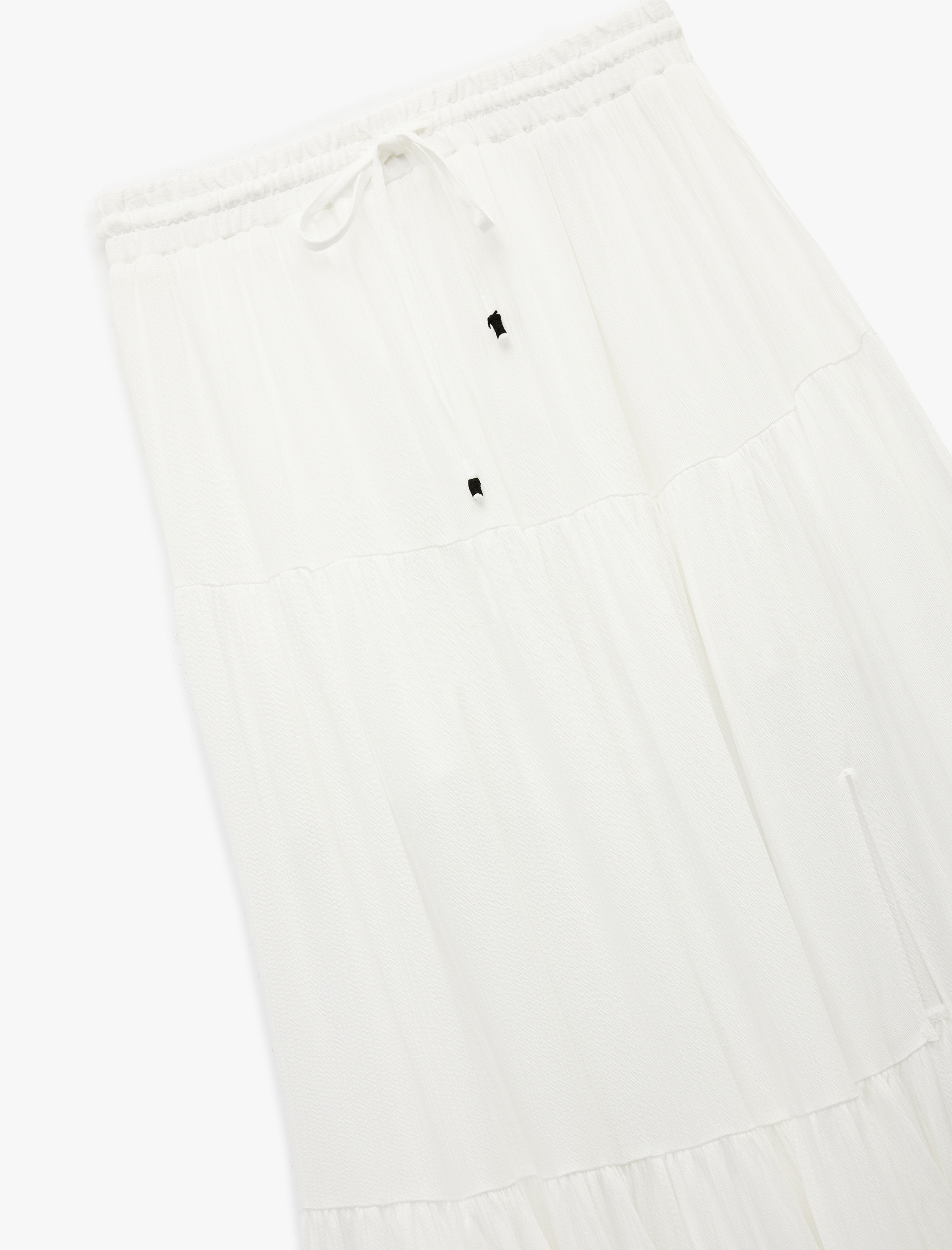   Keten Karışımlı Katlı Dokulu Beli Bağlamalı Lastikli Midi Kloş Etek