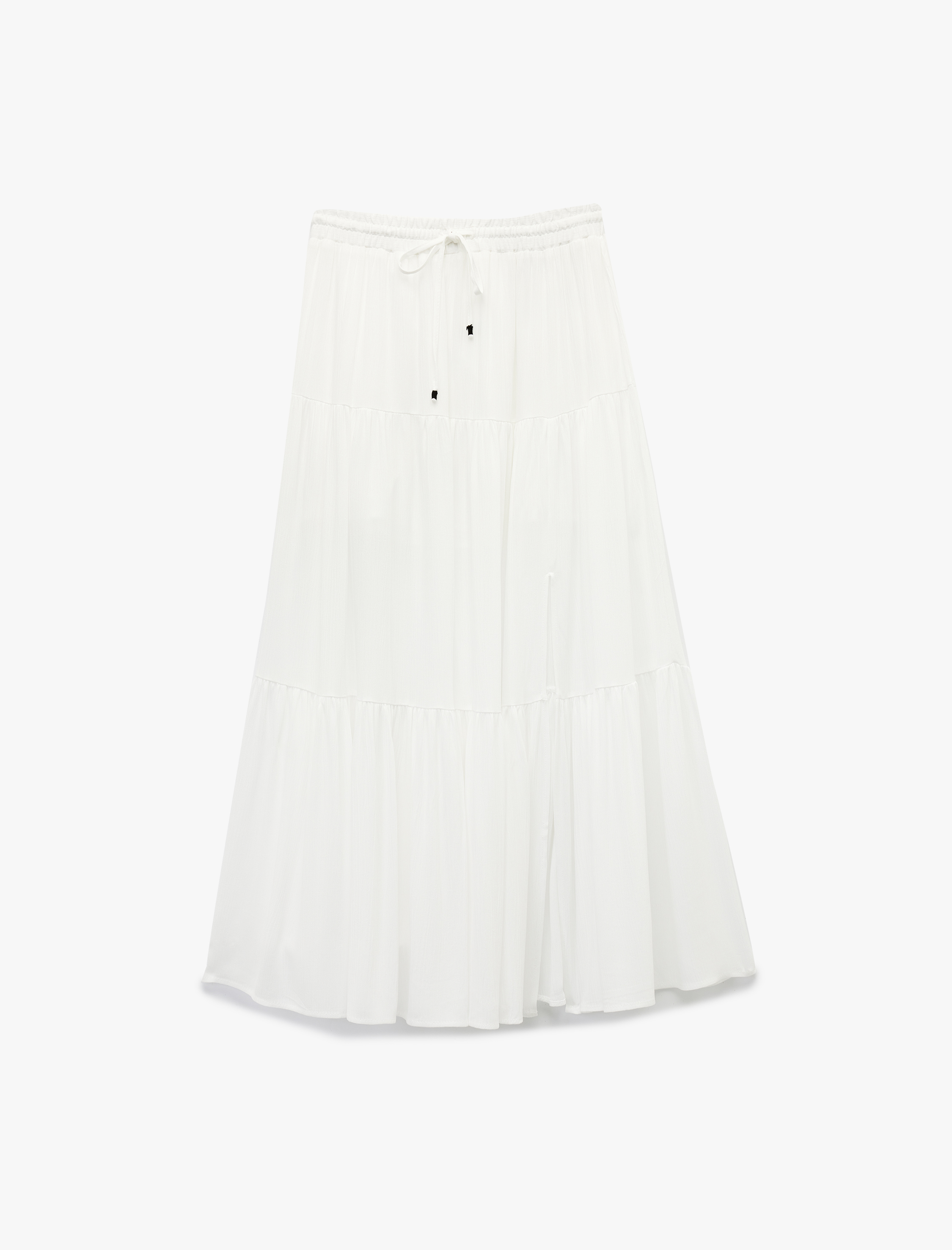   Keten Karışımlı Katlı Dokulu Beli Bağlamalı Lastikli Midi Kloş Etek