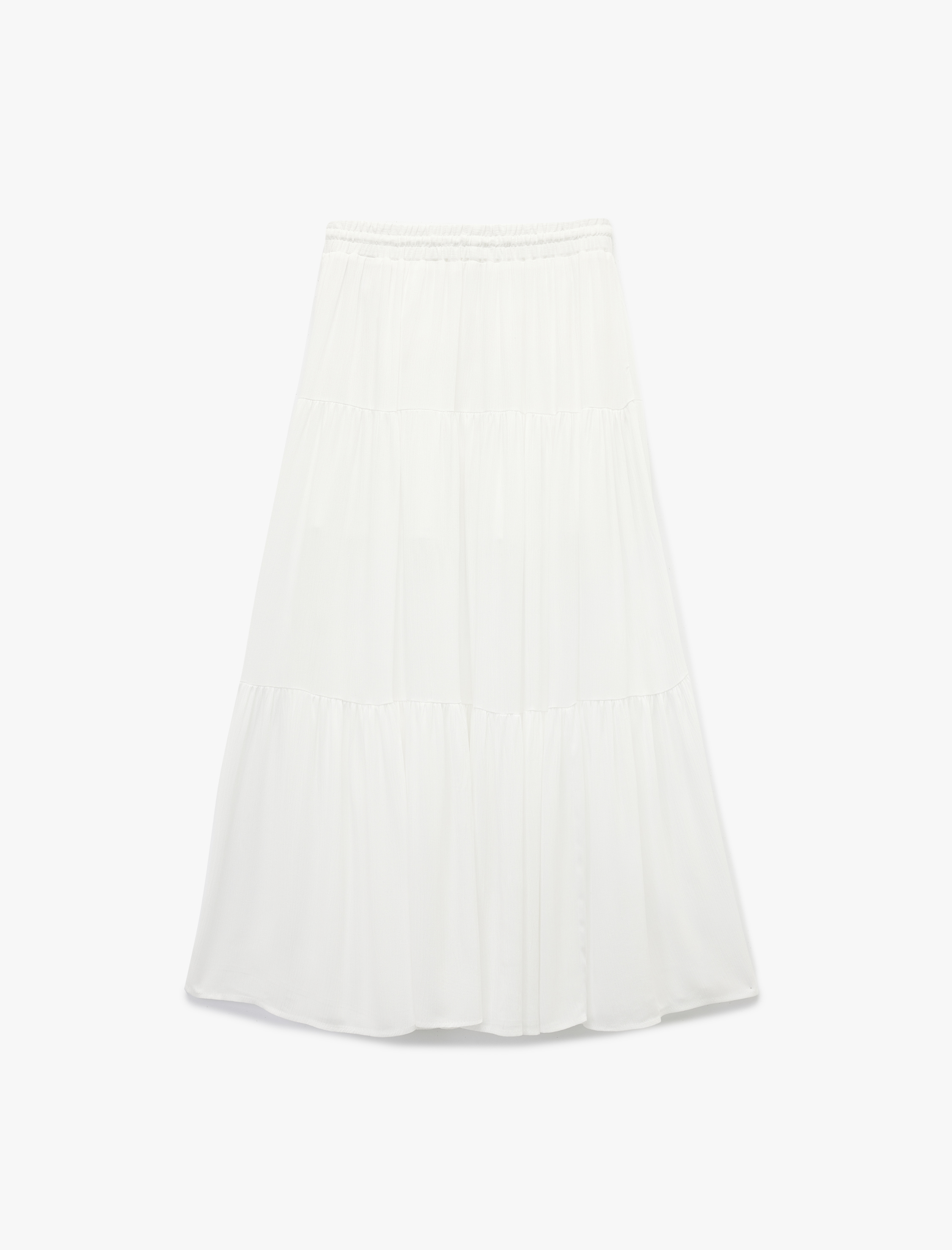   Keten Karışımlı Katlı Dokulu Beli Bağlamalı Lastikli Midi Kloş Etek