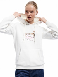 Üç İplik Şardonlu Kanguru Cep Detaylı Kedi Baskılı Kapüşonlu Sweatshirt