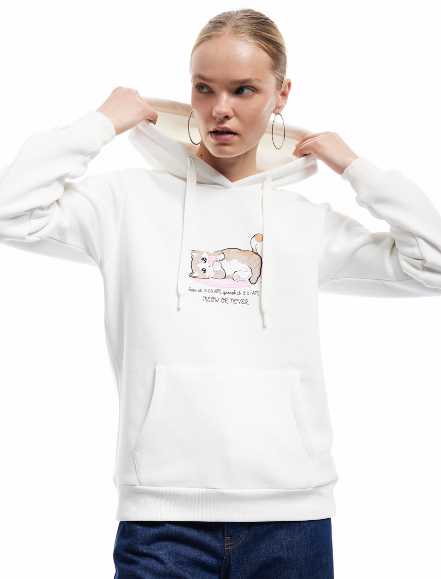   Üç İplik Şardonlu Kanguru Cep Detaylı Kedi Baskılı Kapüşonlu Sweatshirt