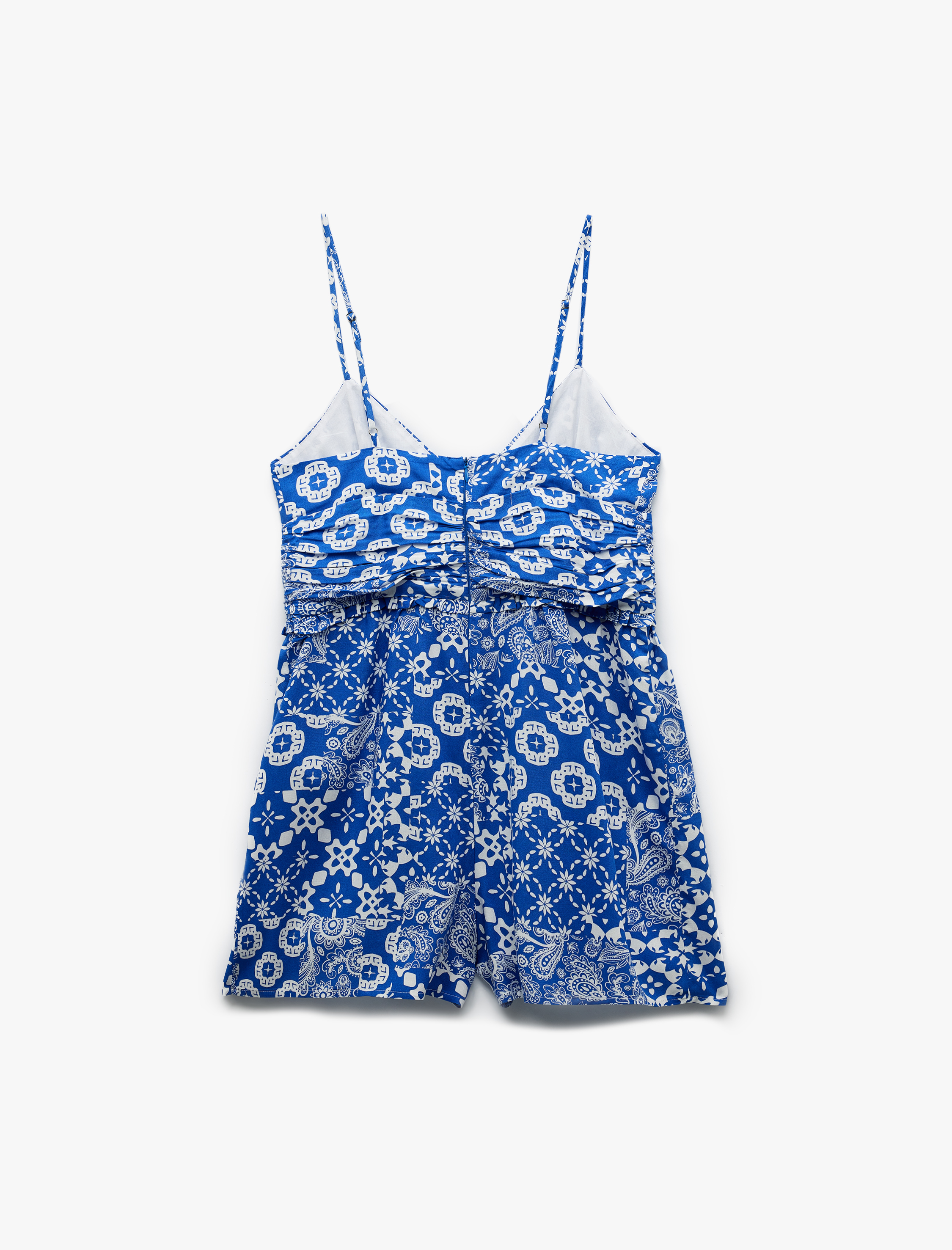   V Yaka İp Askılı Düğmeli Viskon Mini Şortlu Tulum