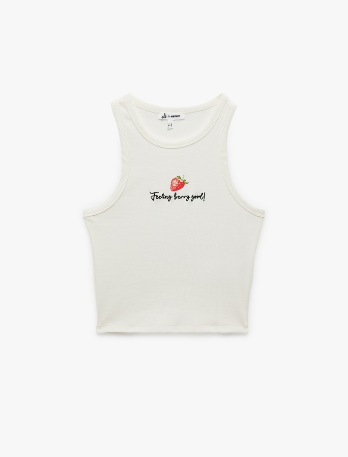  Pamuklu Bisiklet Yaka Slim Fit Çilek Nakışlı Kolsuz Bluz
