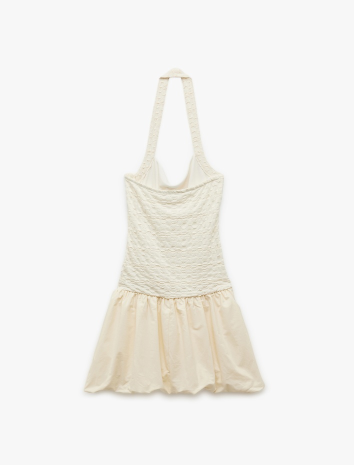  Kare Yaka Kolsuz Halter Yaka Mini Balon Elbise