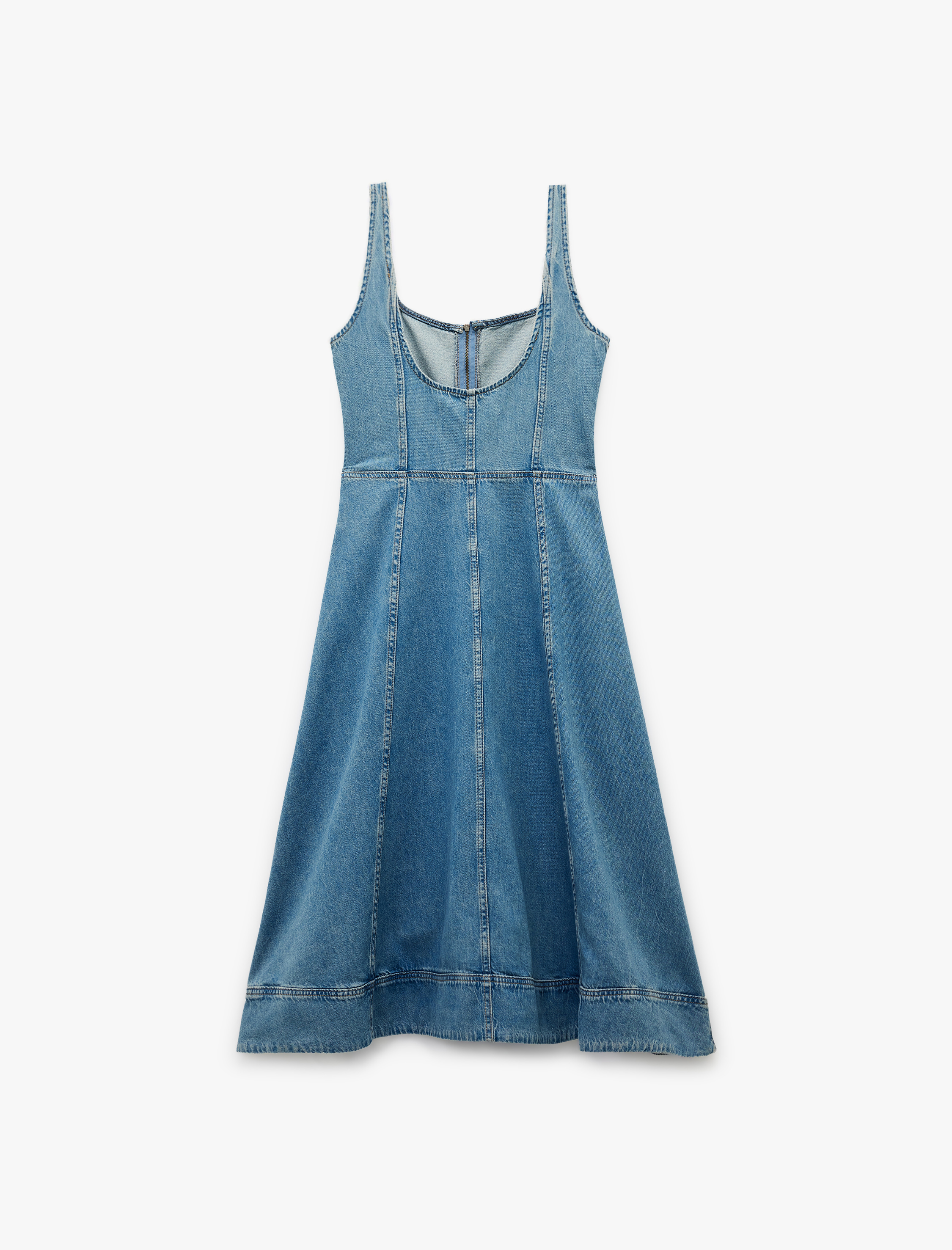   Kare Yaka Kolsuz Fermuar Detaylı A Kesim Yırtmaçlı Midi Denim Elbise