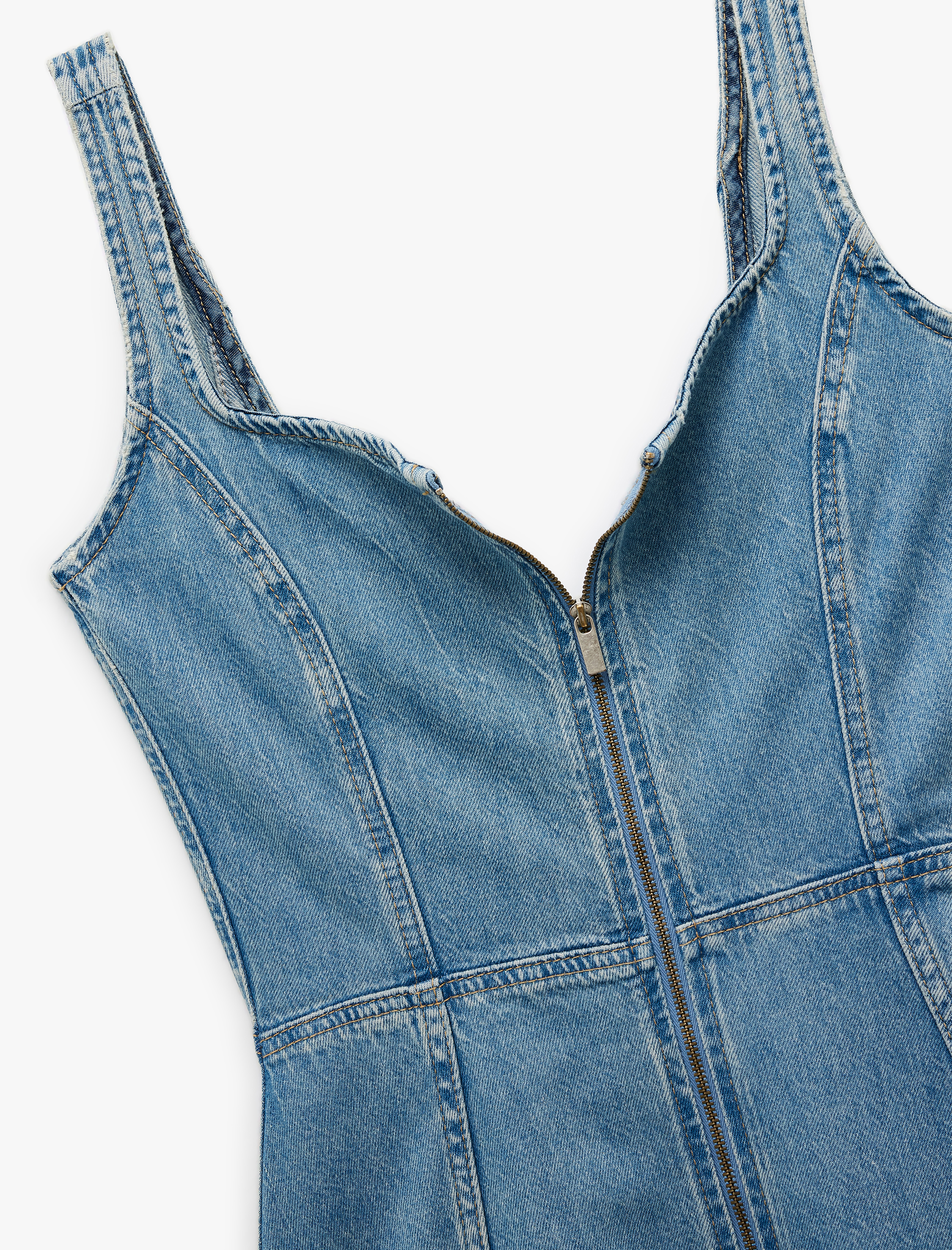   Kare Yaka Kolsuz Fermuar Detaylı A Kesim Yırtmaçlı Midi Denim Elbise