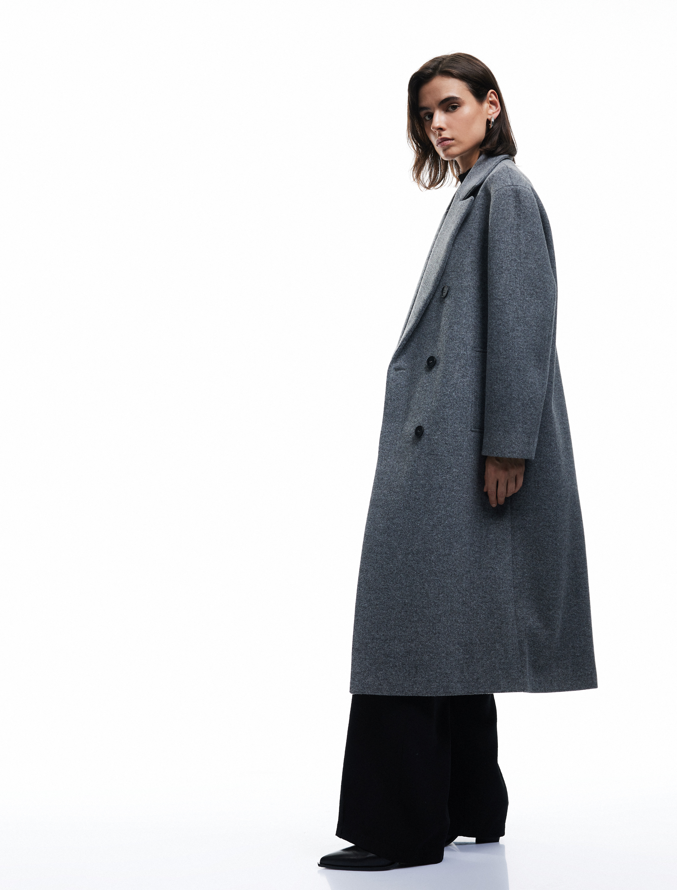   Cepli Düğmeli Uzun Kollu Kruvaze Uzun Kaşe Kaban