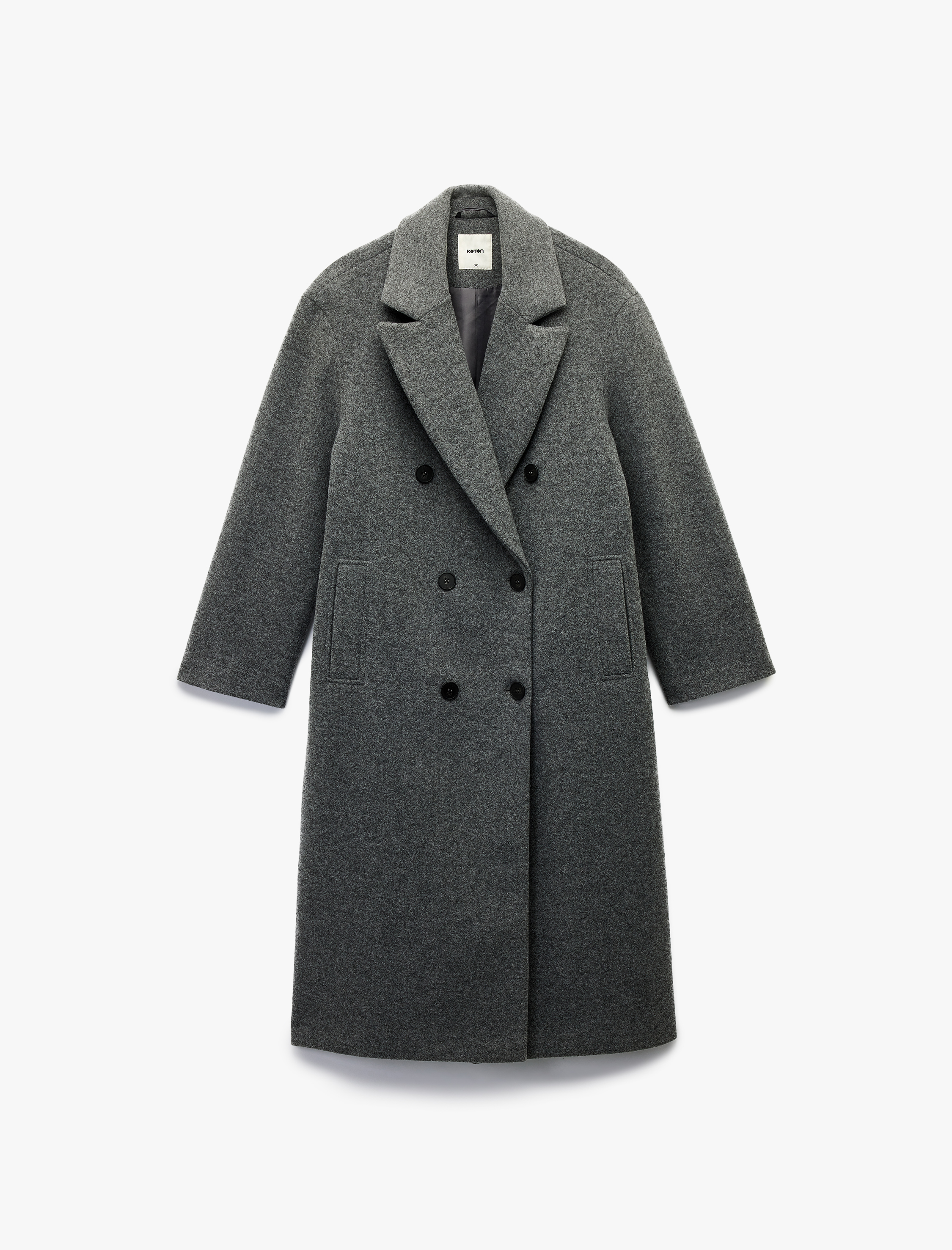   Cepli Düğmeli Uzun Kollu Kruvaze Uzun Kaşe Kaban