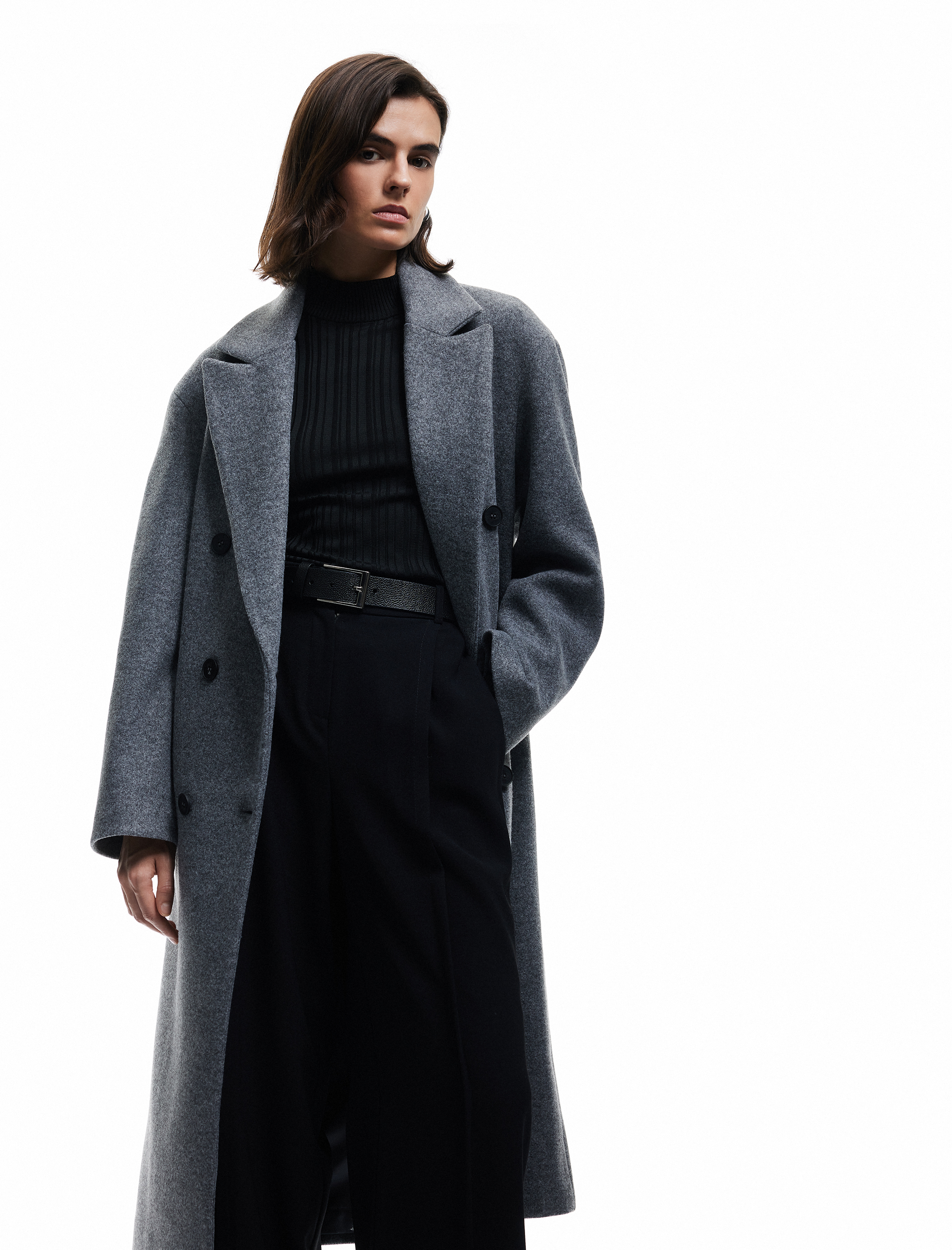   Cepli Düğmeli Uzun Kollu Kruvaze Uzun Kaşe Kaban