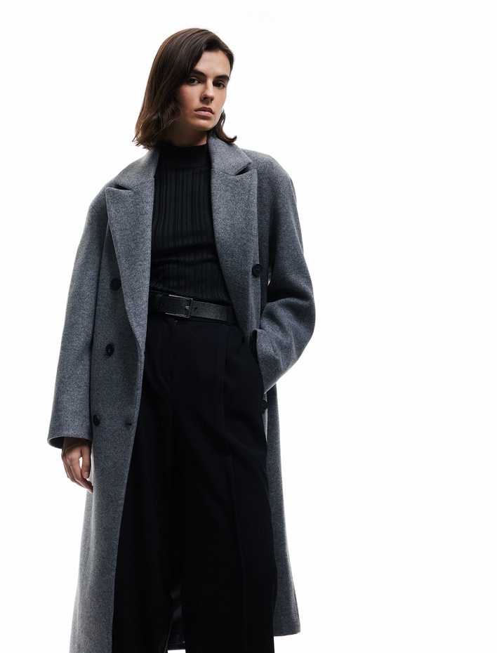  Cepli Düğmeli Uzun Kollu Kruvaze Uzun Kaşe Kaban